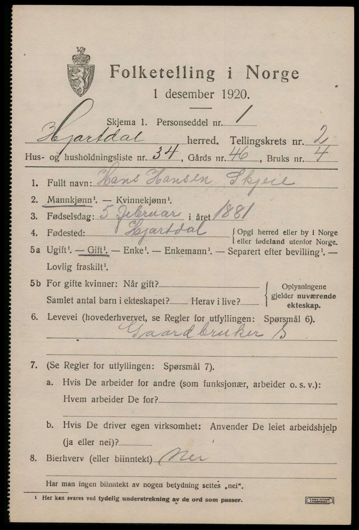 SAKO, 1920 census for Hjartdal, 1920, p. 2178