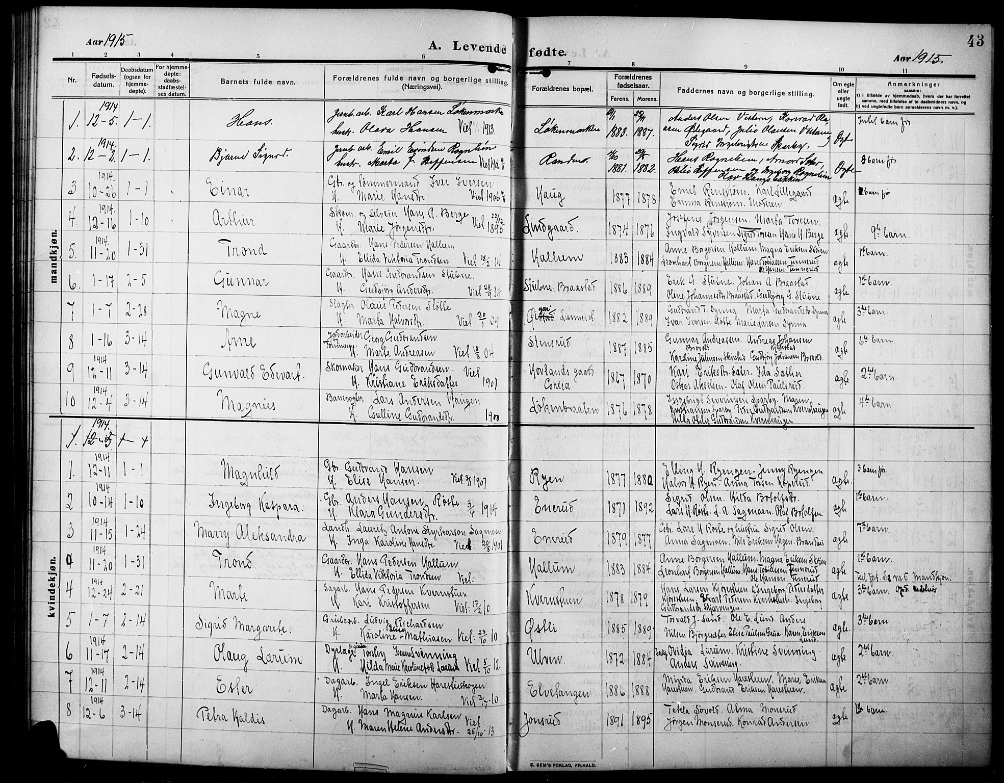 Lunner prestekontor, SAH/PREST-118/H/Ha/Hab/L0001: Parish register (copy) no. 1, 1909-1922, p. 43