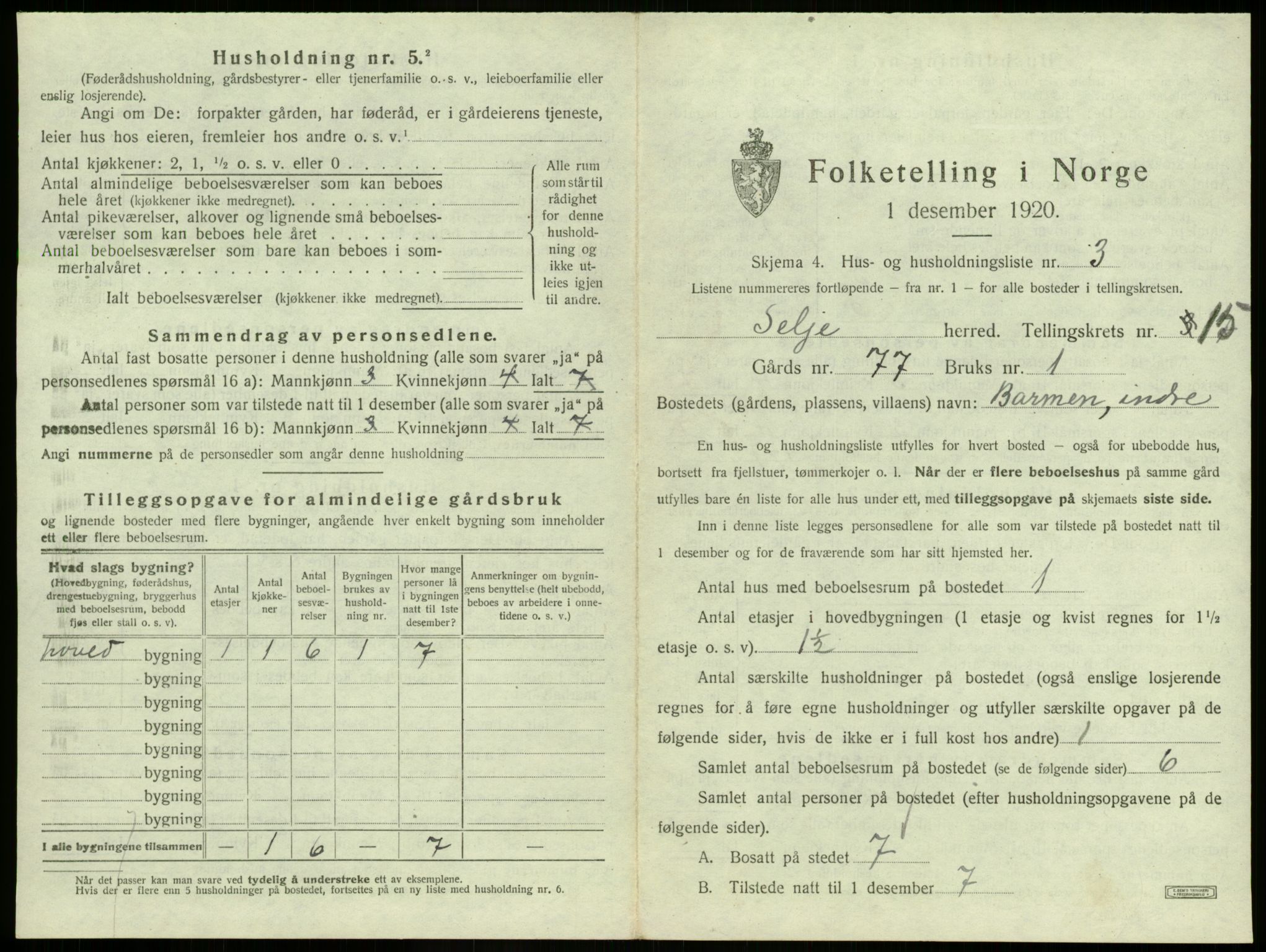 SAB, 1920 census for Selje, 1920, p. 929