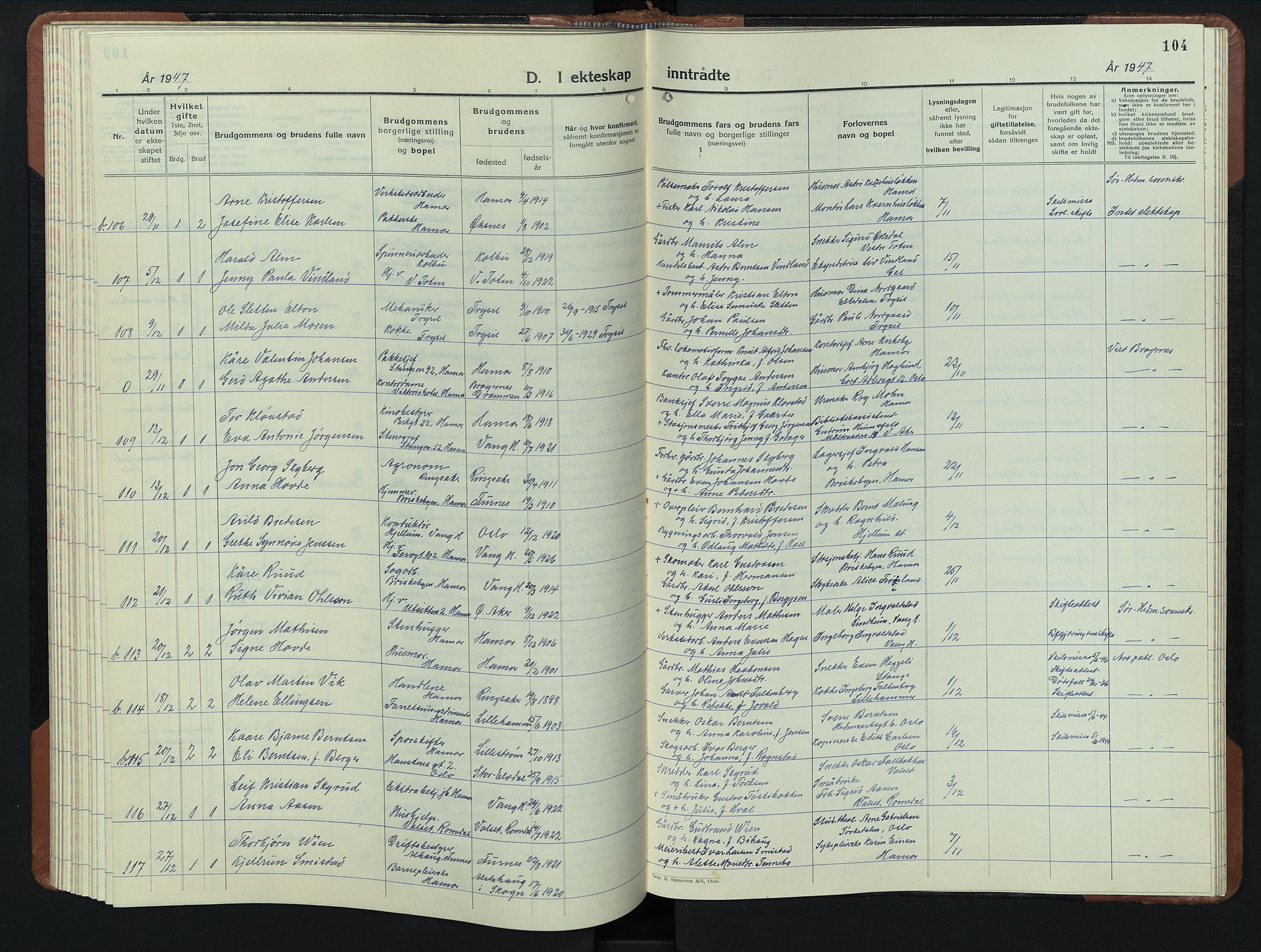 Hamar prestekontor, AV/SAH-DOMPH-002/H/Ha/Hab/L0006: Parish register (copy) no. 6, 1931-1950, p. 104