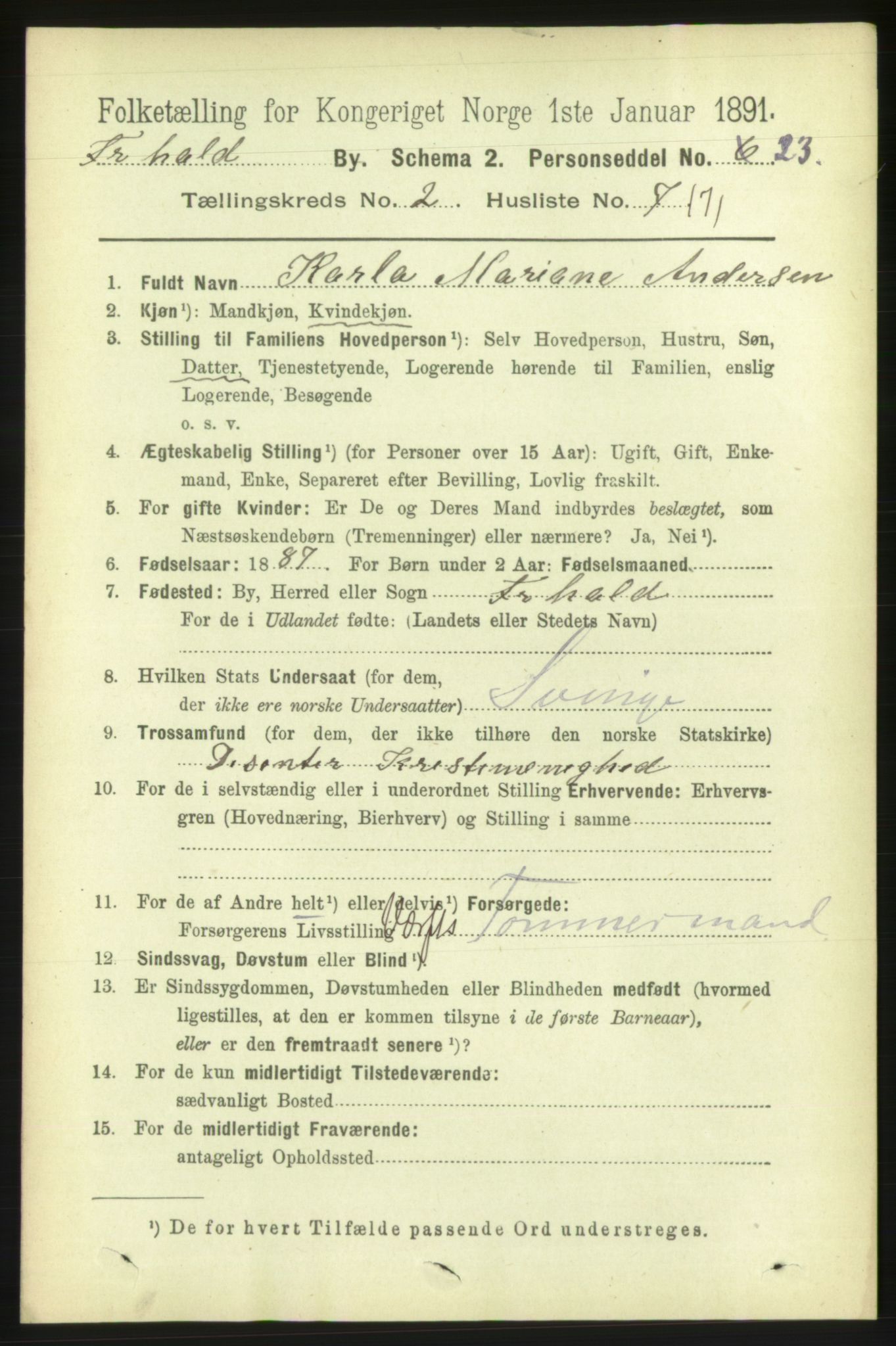 RA, 1891 census for 0101 Fredrikshald, 1891, p. 2749