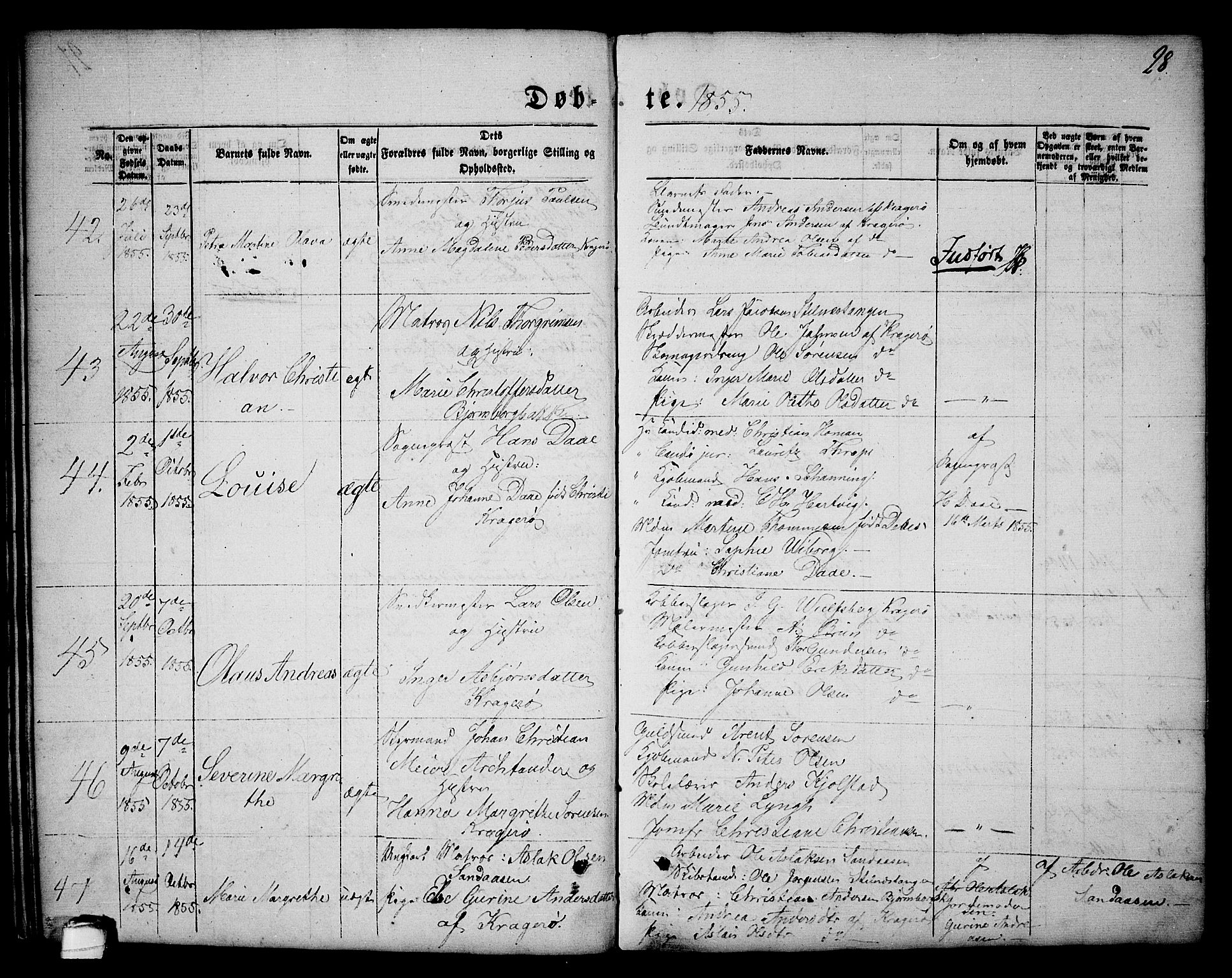 Kragerø kirkebøker, AV/SAKO-A-278/G/Ga/L0004: Parish register (copy) no. 4, 1853-1865, p. 28