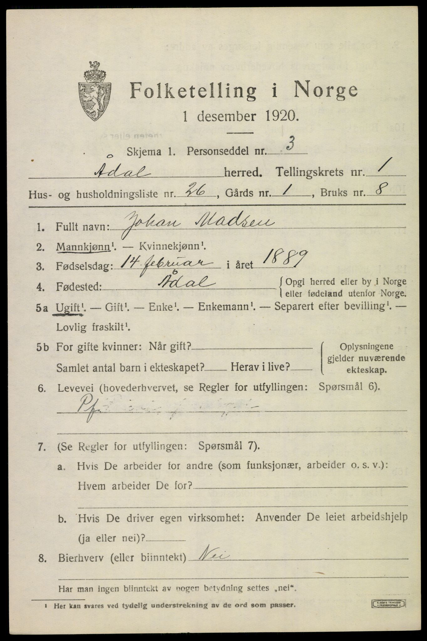 SAKO, 1920 census for Ådal, 1920, p. 1614