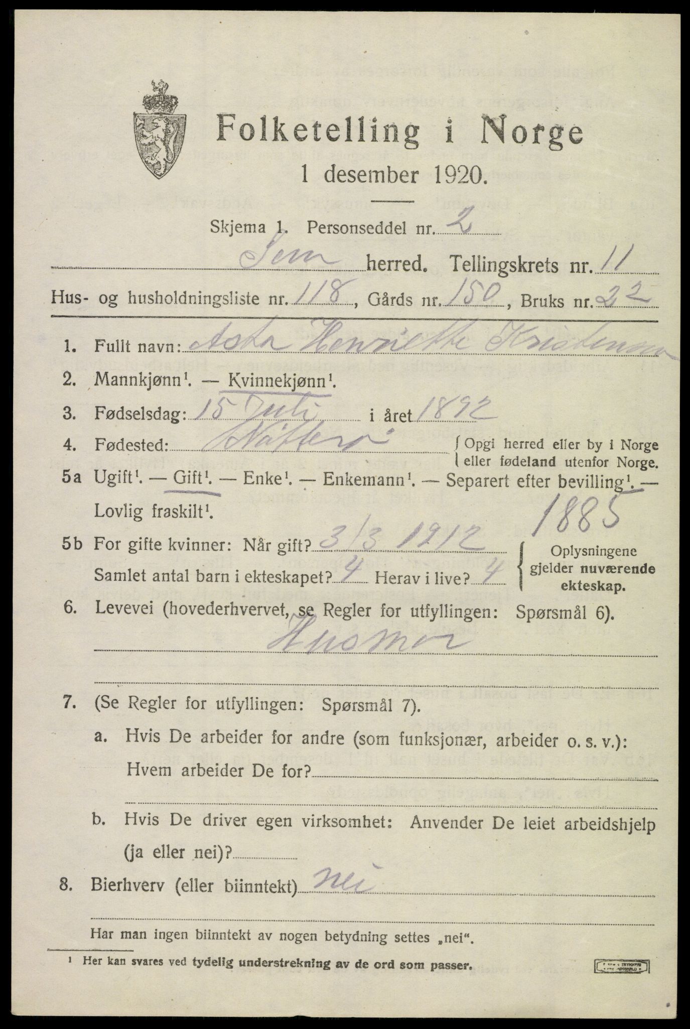SAKO, 1920 census for Sem, 1920, p. 15917