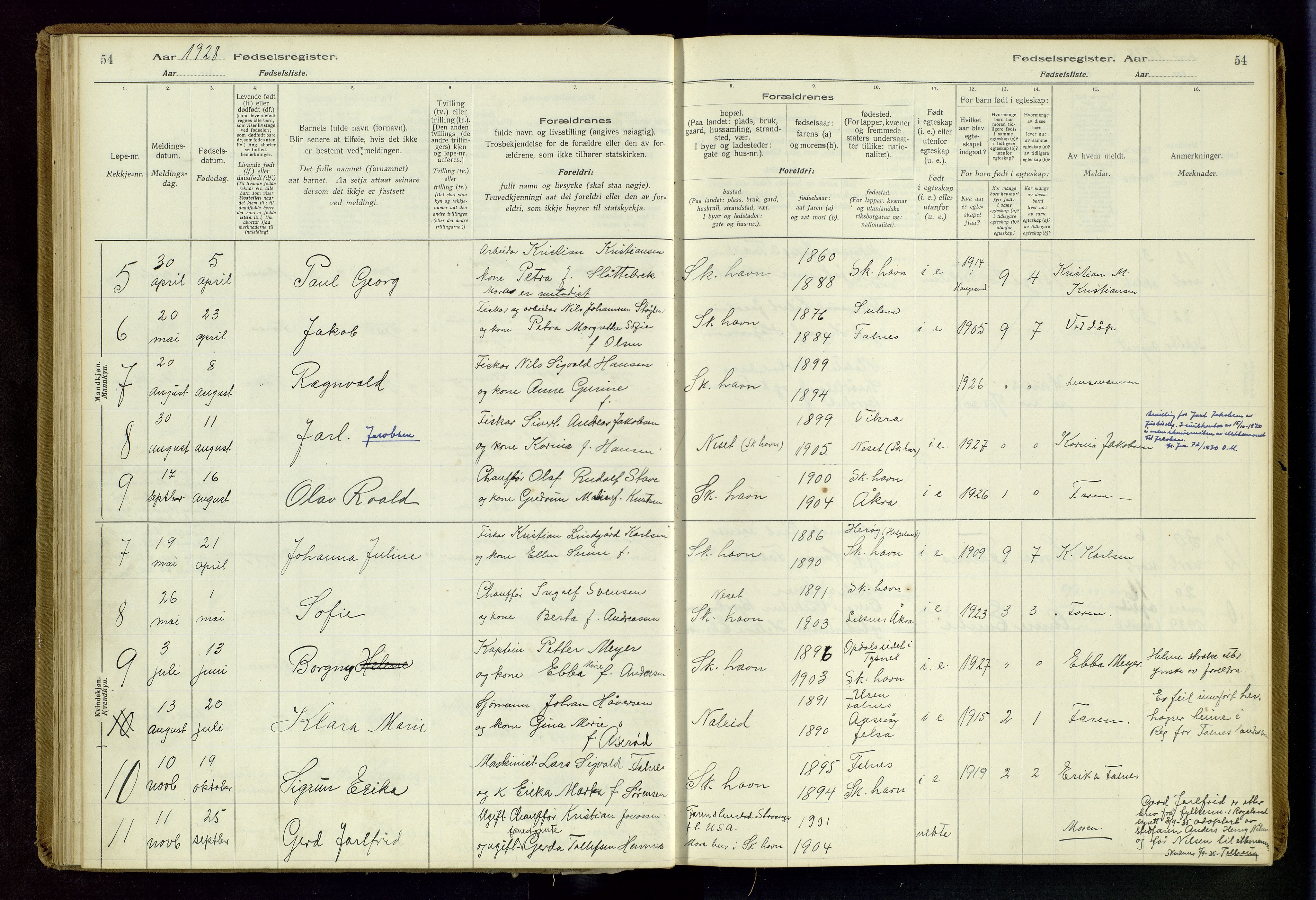 Skudenes sokneprestkontor, SAST/A -101849/I/Id/L0003: Birth register no. 3, 1916-1964, p. 54