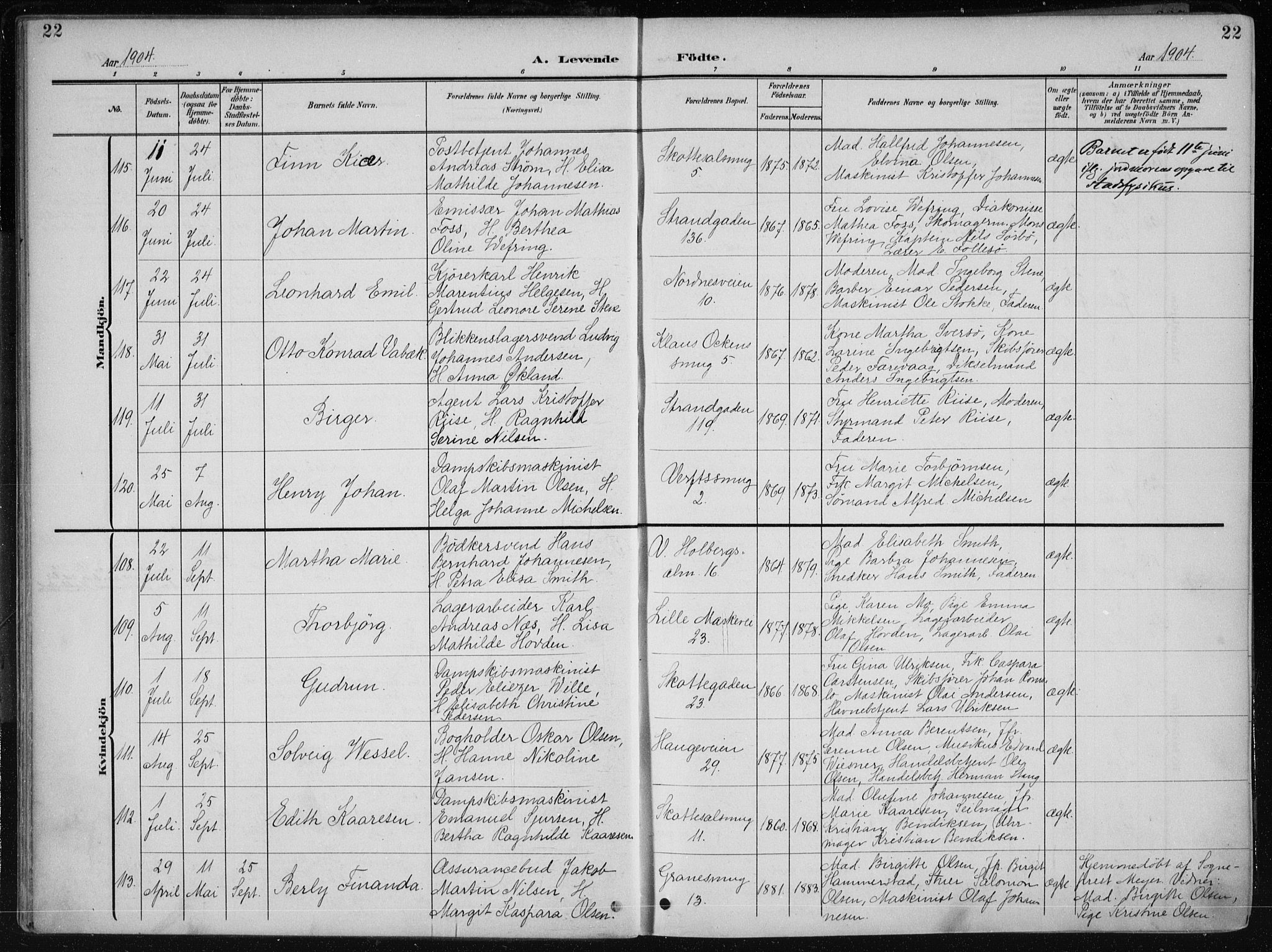 Nykirken Sokneprestembete, AV/SAB-A-77101/H/Haa/L0019: Parish register (official) no. B 7, 1904-1916, p. 22
