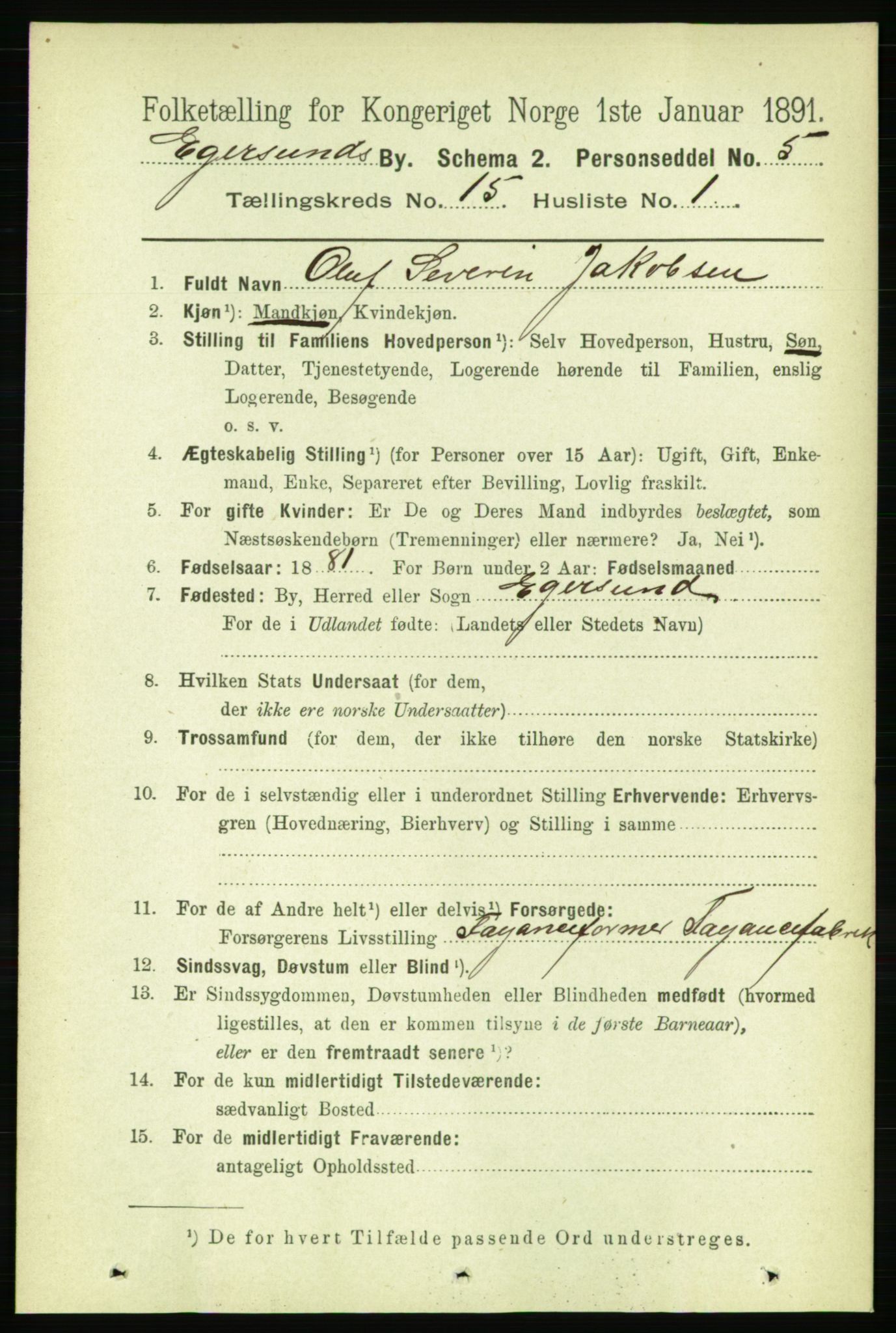 RA, 1891 census for 1101 Egersund, 1891, p. 2798