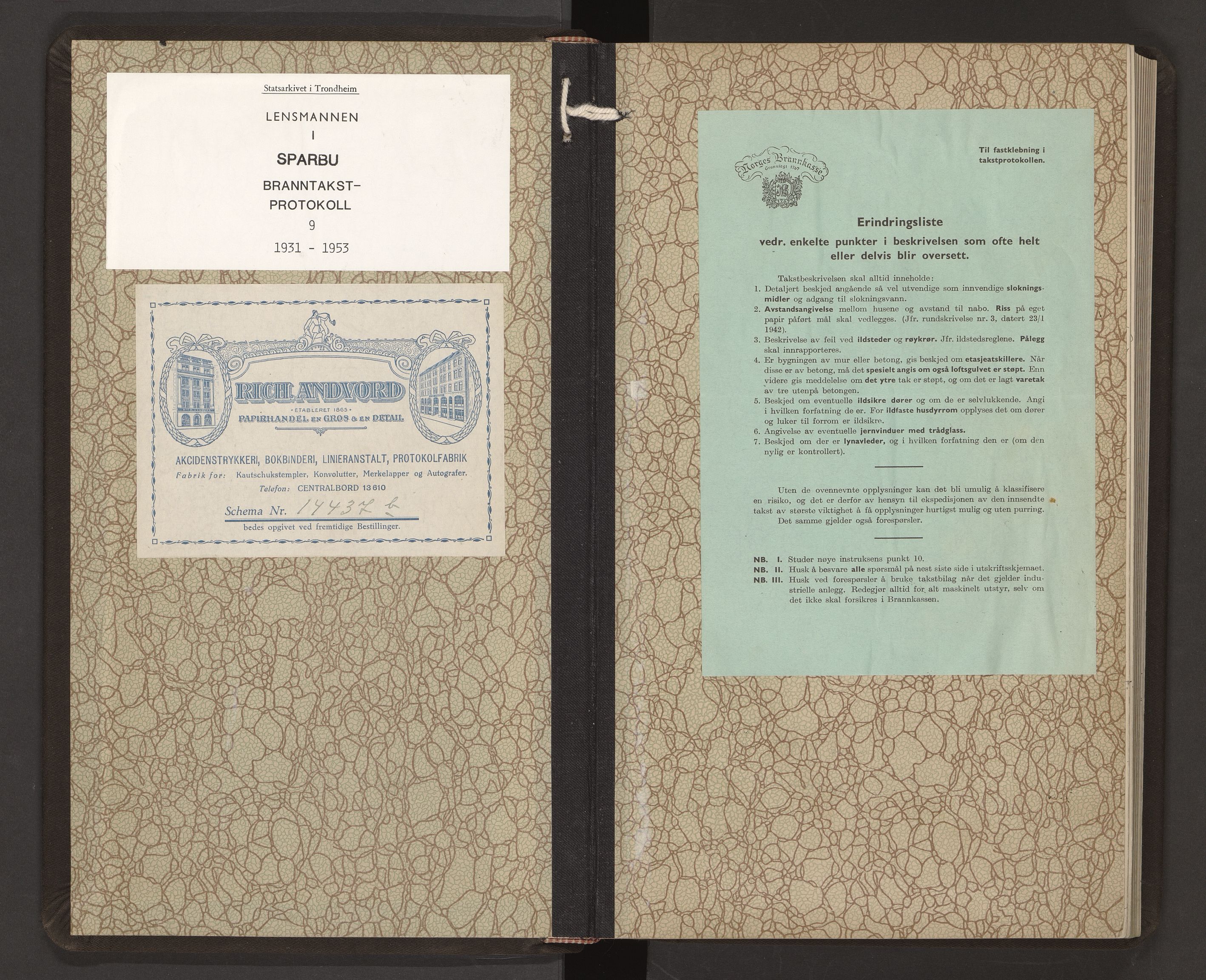 Norges Brannkasse Sparbu, AV/SAT-A-5550/Fa/L0009: Branntakstprotokoll, 1931-1953