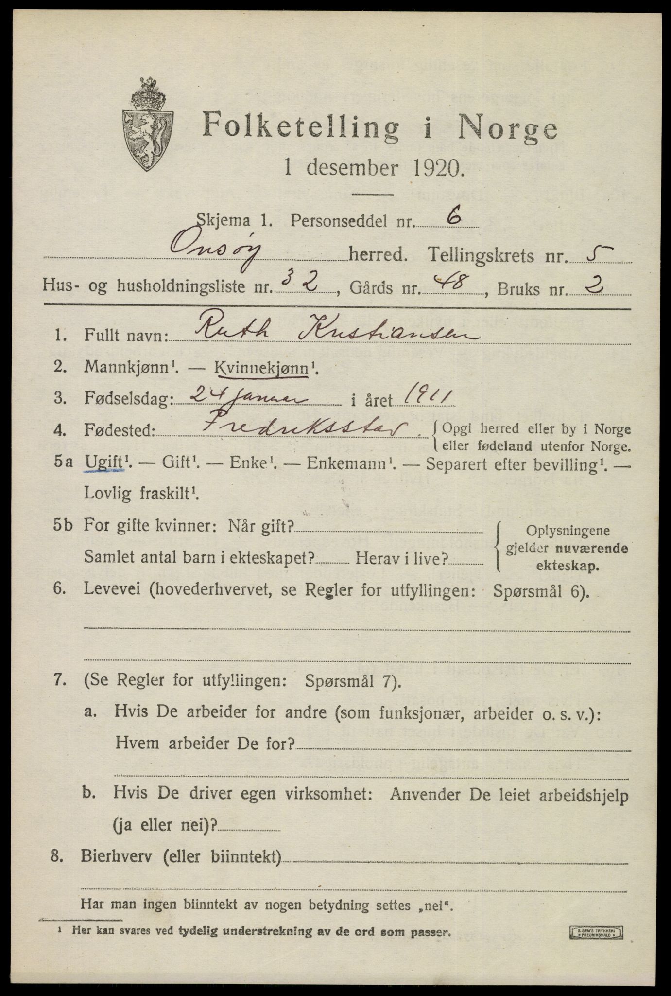 SAO, 1920 census for Onsøy, 1920, p. 6874