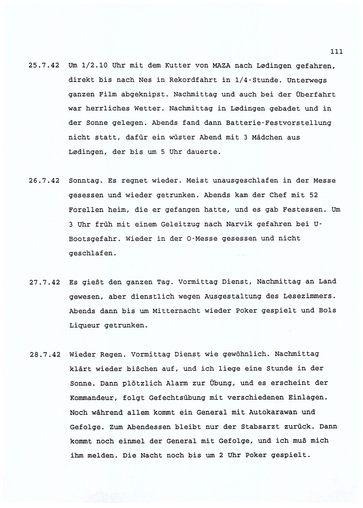 Dagbokopptegnelser av en tysk marineoffiser stasjonert i Norge , FMFB/A-1160/F/L0001: Dagbokopptegnelser av en tysk marineoffiser stasjonert i Norge, 1941-1944, p. 111