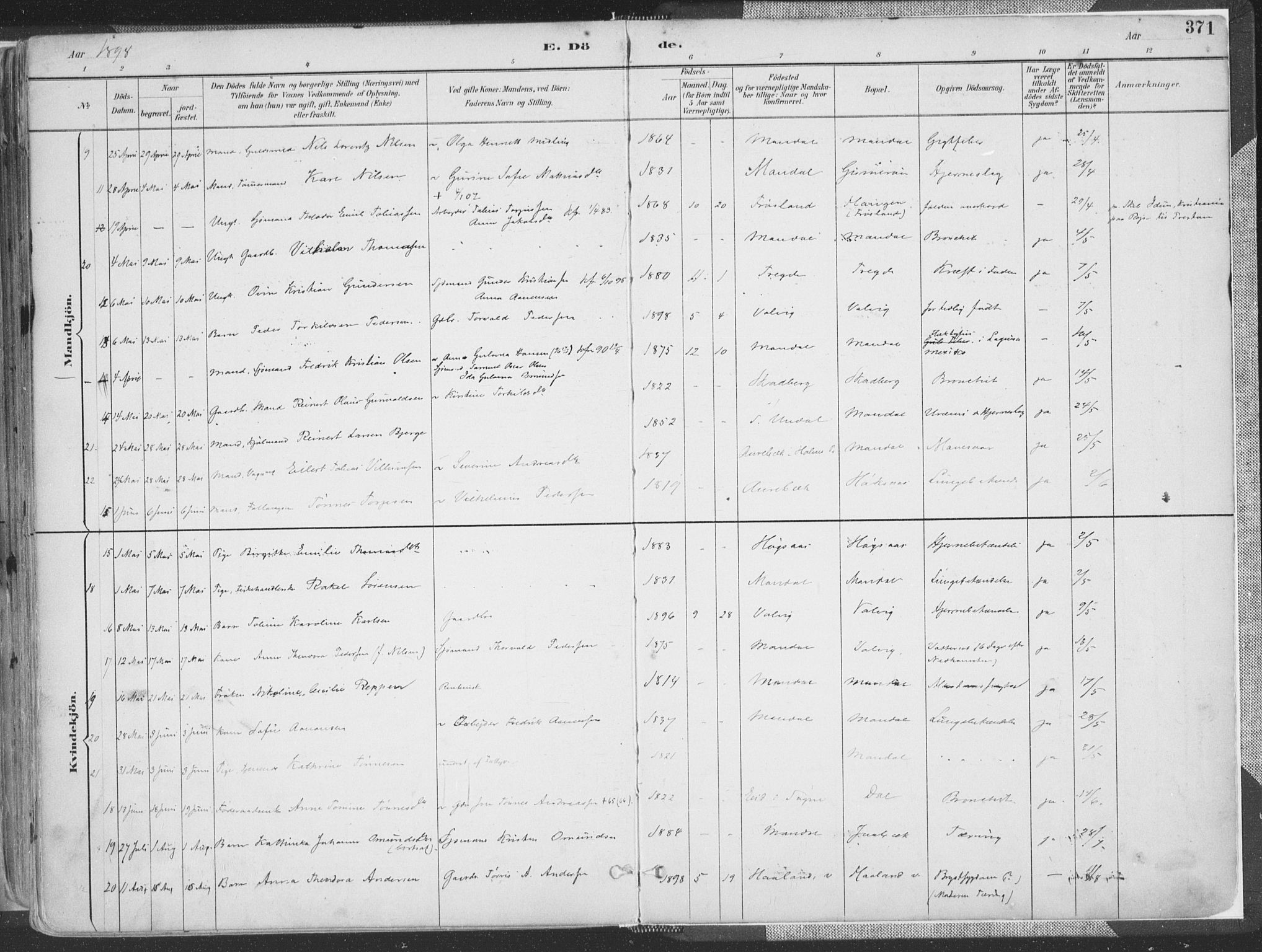 Mandal sokneprestkontor, AV/SAK-1111-0030/F/Fa/Faa/L0018: Parish register (official) no. A 18, 1890-1905, p. 371