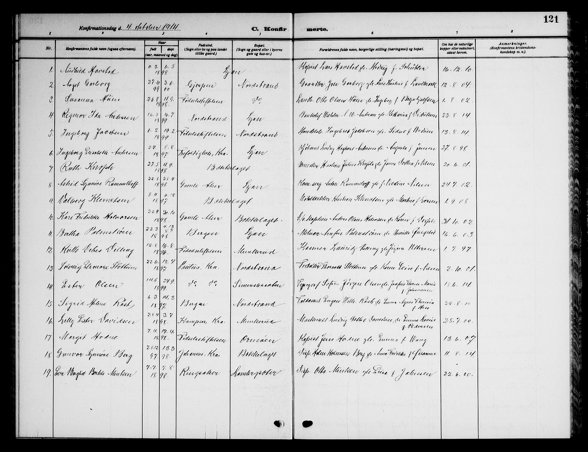 Nordstrand prestekontor Kirkebøker, AV/SAO-A-10362a/G/Ga/L0001: Parish register (copy) no. I 1, 1911-1918, p. 121