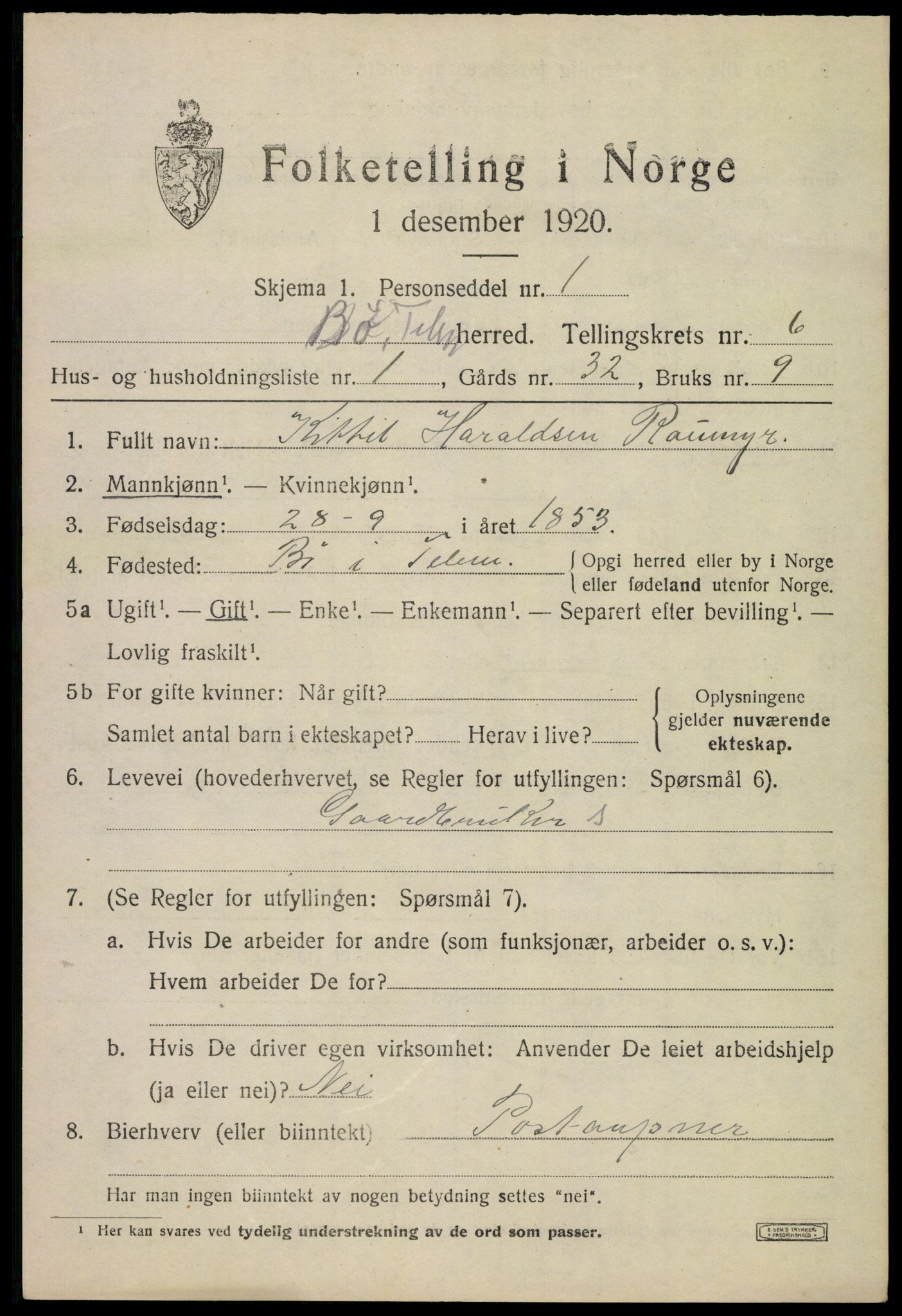 SAKO, 1920 census for Bø (Telemark), 1920, p. 4366