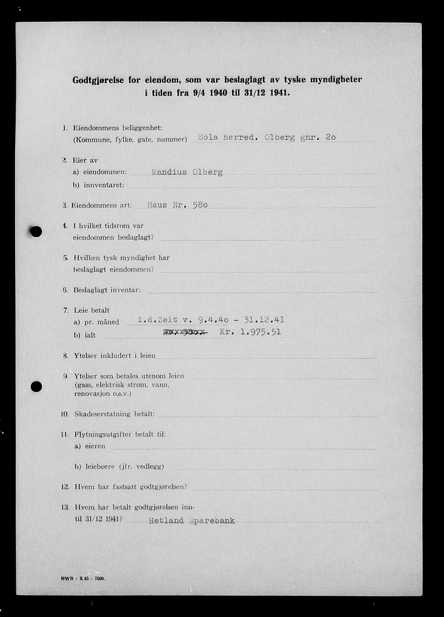 Justisdepartementet, Tilbakeføringskontoret for inndratte formuer, AV/RA-S-1564/I/L1015: Godtgjørelse for beslaglagt eiendom, 1940-1941, p. 30