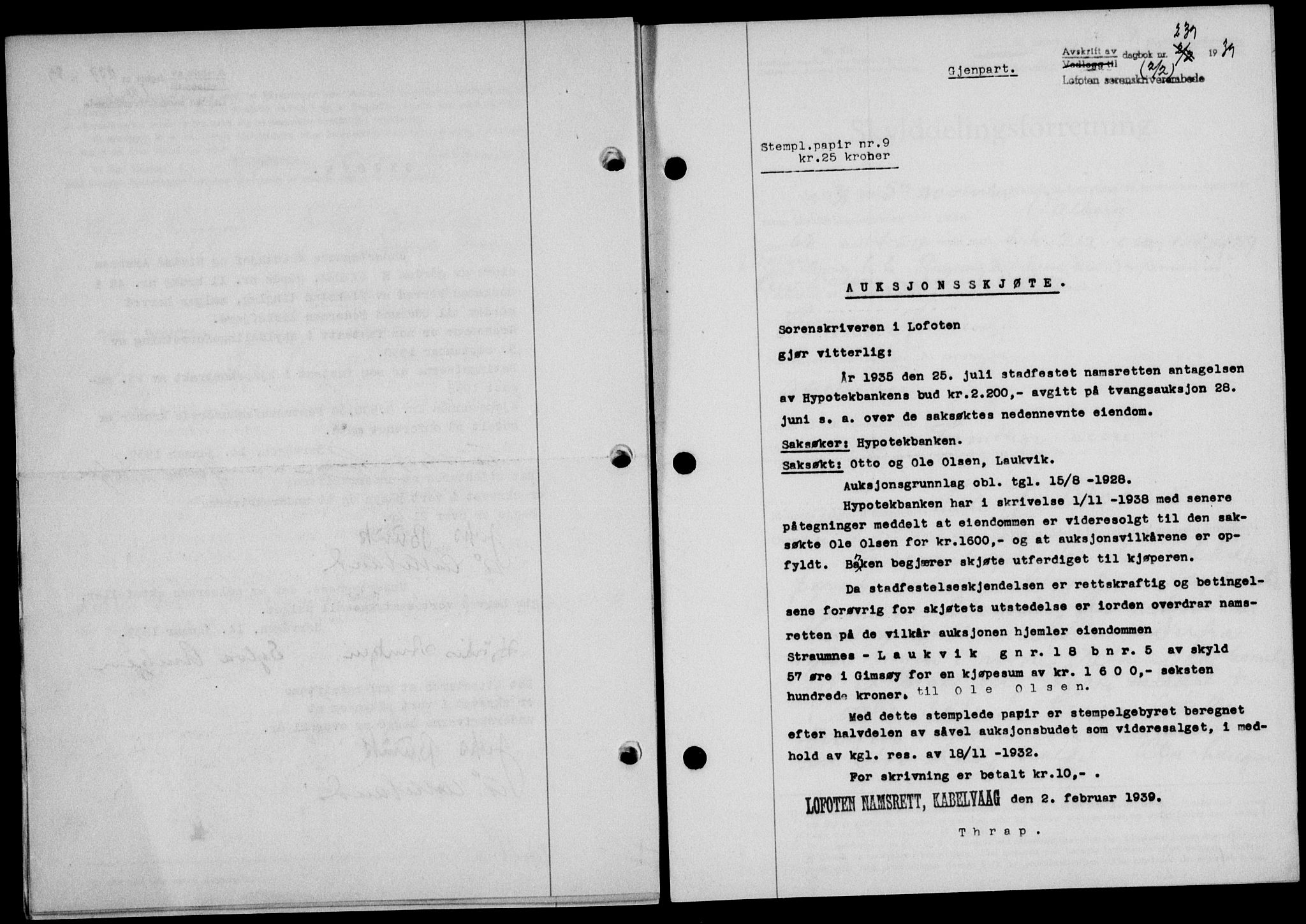 Lofoten sorenskriveri, SAT/A-0017/1/2/2C/L0005a: Mortgage book no. 5a, 1939-1939, Diary no: : 239/1939