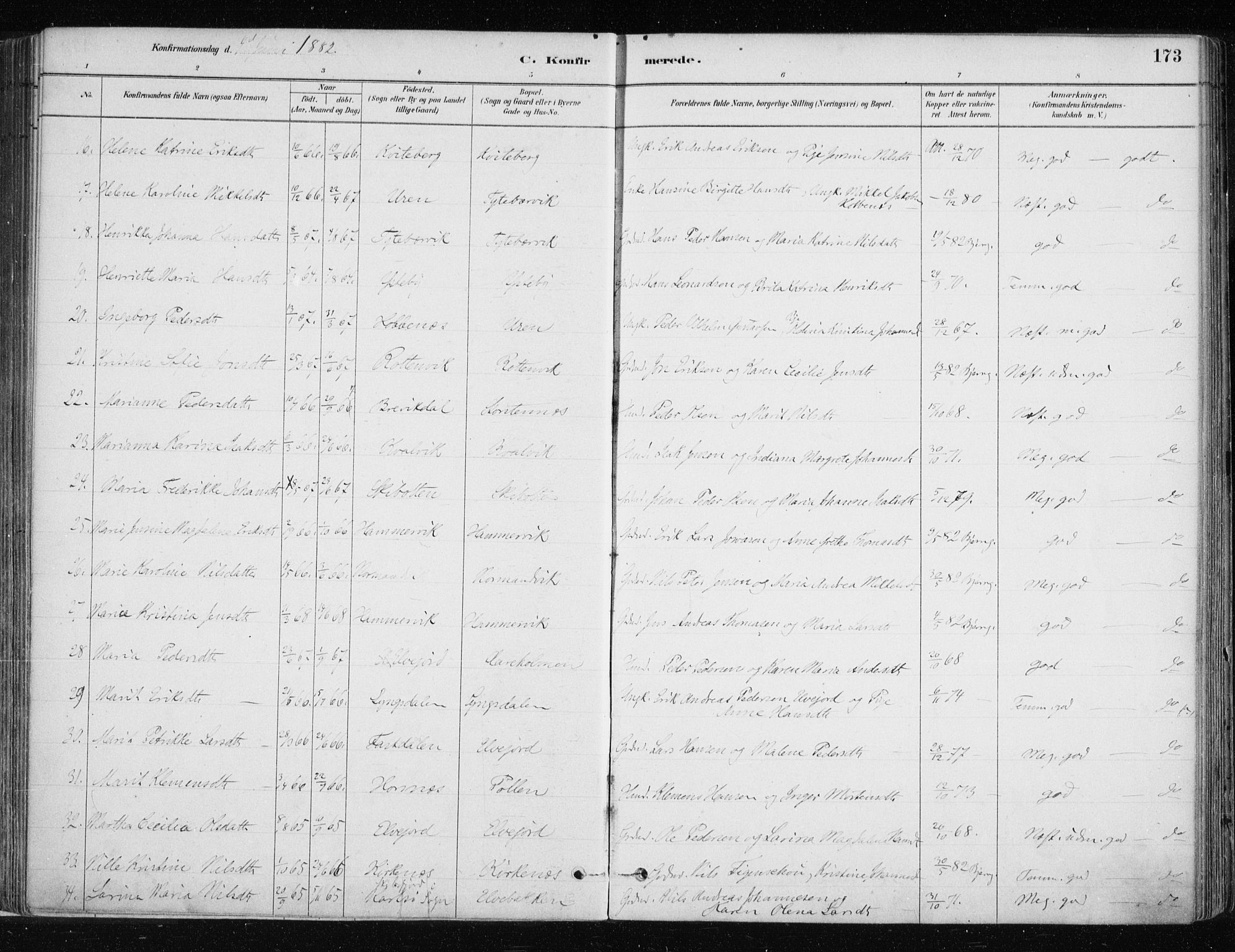 Lyngen sokneprestembete, AV/SATØ-S-1289/H/He/Hea/L0007kirke: Parish register (official) no. 7, 1879-1890, p. 173