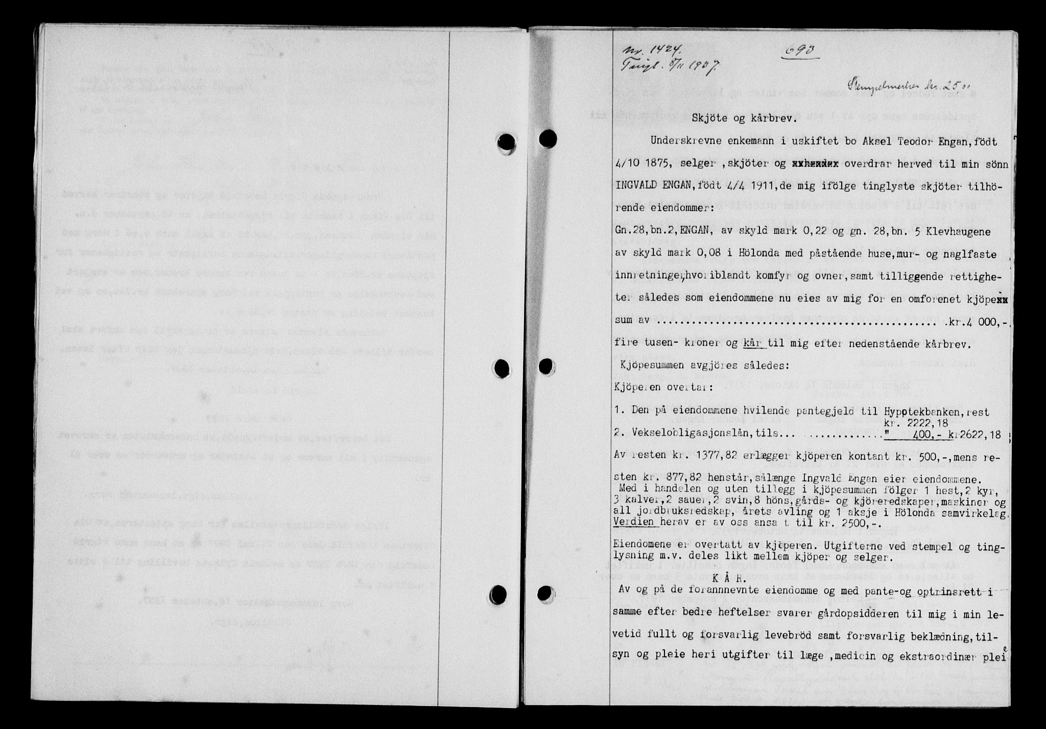 Gauldal sorenskriveri, SAT/A-0014/1/2/2C/L0048: Mortgage book no. 51-52, 1937-1938, p. 693, Diary no: : 1424/1937