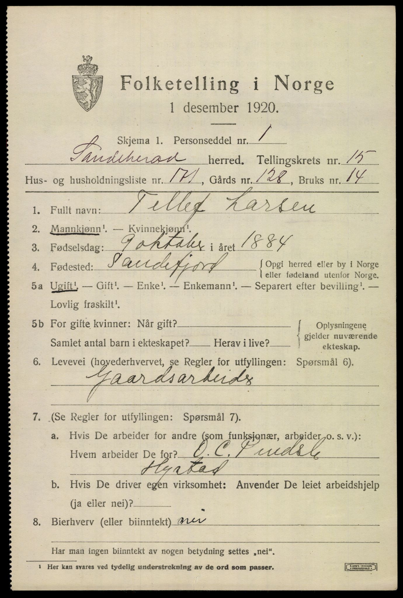 SAKO, 1920 census for Sandeherred, 1920, p. 24784