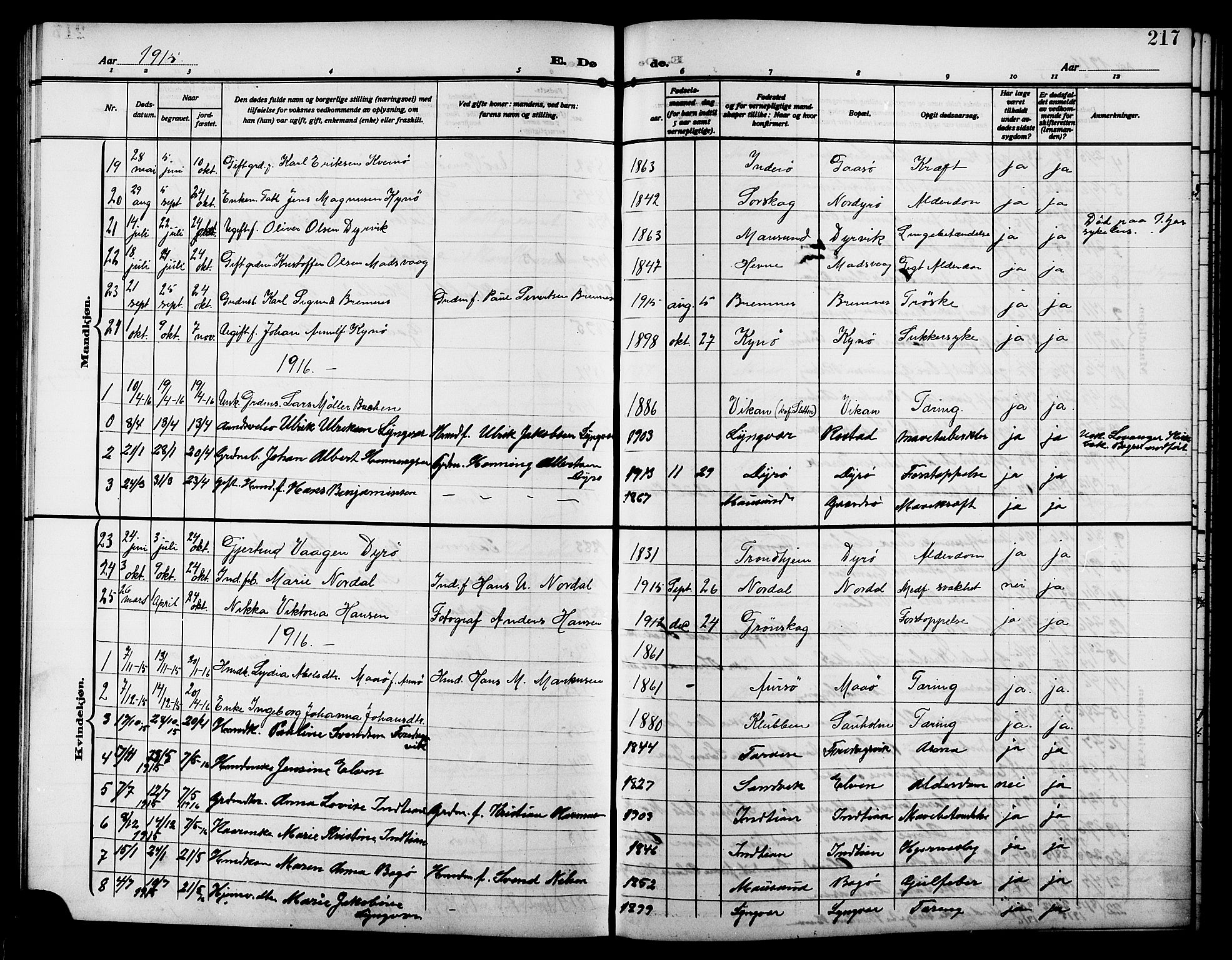 Ministerialprotokoller, klokkerbøker og fødselsregistre - Sør-Trøndelag, SAT/A-1456/640/L0588: Parish register (copy) no. 640C05, 1909-1922, p. 217