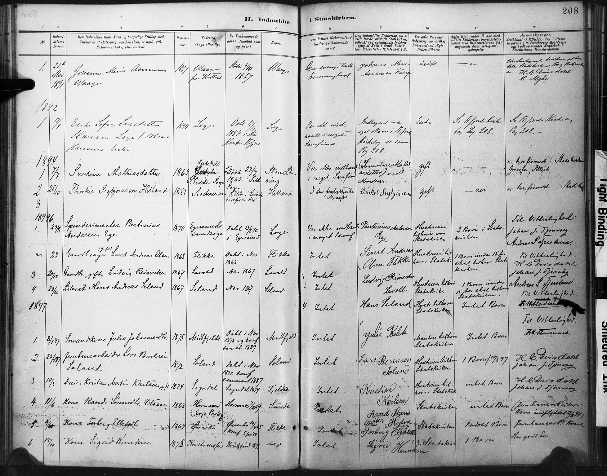 Flekkefjord sokneprestkontor, SAK/1111-0012/F/Fa/Fac/L0008: Parish register (official) no. A 8, 1885-1898, p. 208