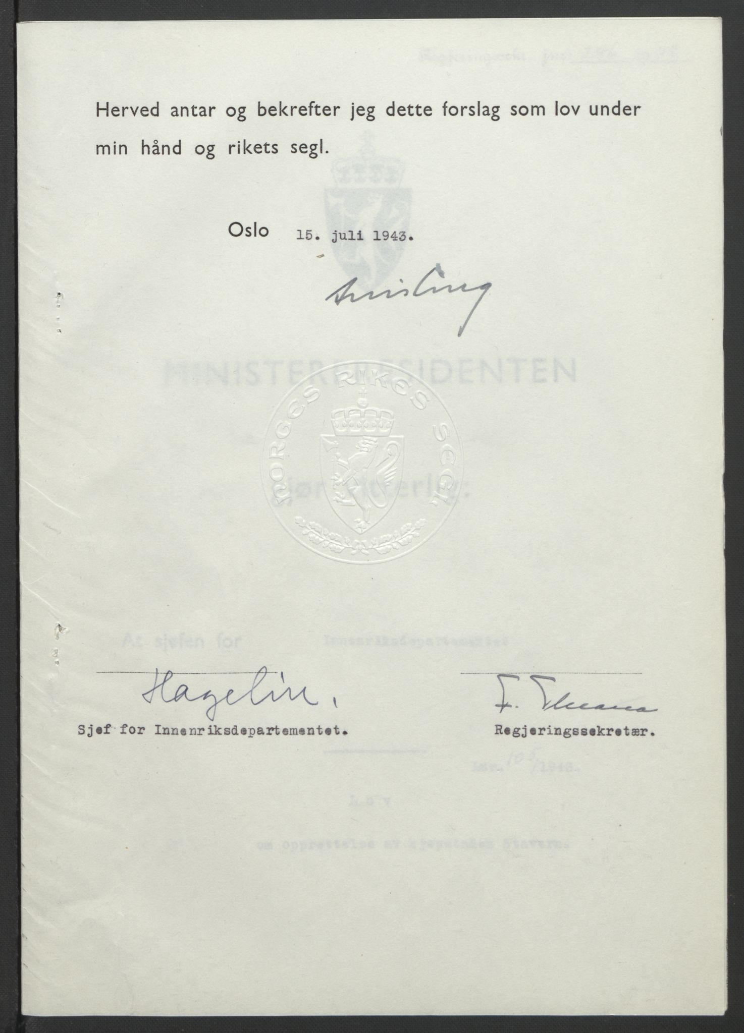 NS-administrasjonen 1940-1945 (Statsrådsekretariatet, de kommisariske statsråder mm), RA/S-4279/D/Db/L0099: Lover, 1943, p. 492