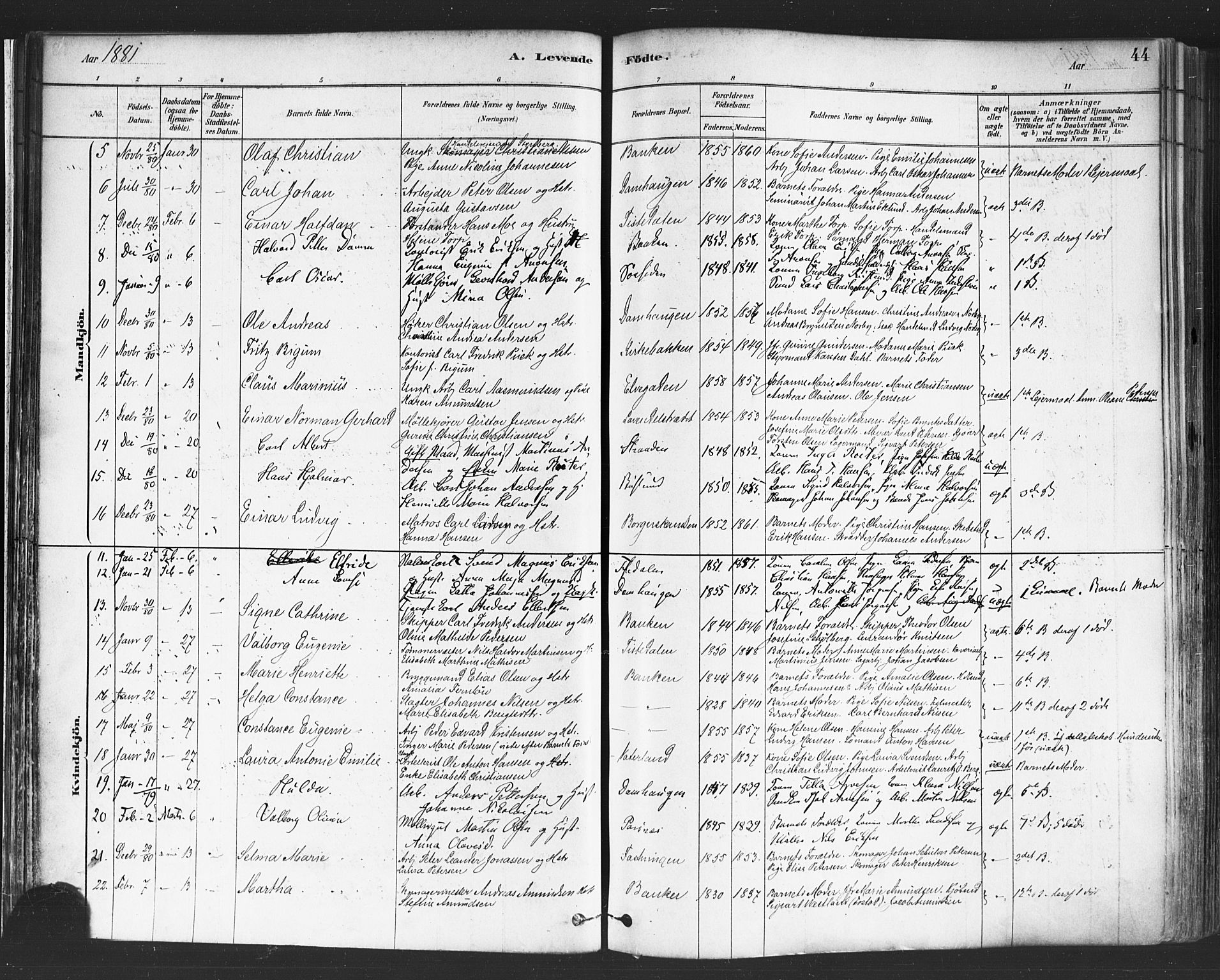 Halden prestekontor Kirkebøker, SAO/A-10909/F/Fa/L0011: Parish register (official) no. I 11, 1878-1889, p. 44