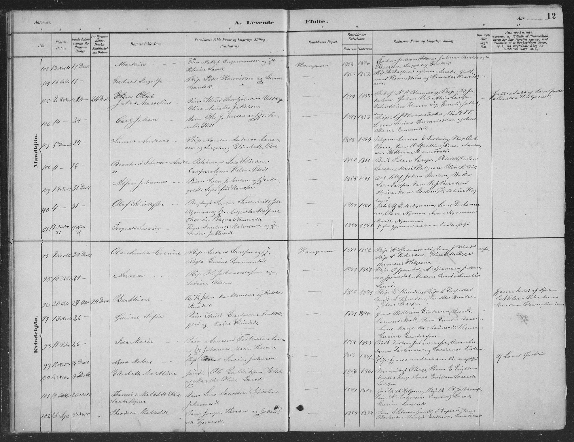 Haugesund sokneprestkontor, SAST/A -101863/H/Ha/Hab/L0002: Parish register (copy) no. B 2, 1881-1894, p. 12
