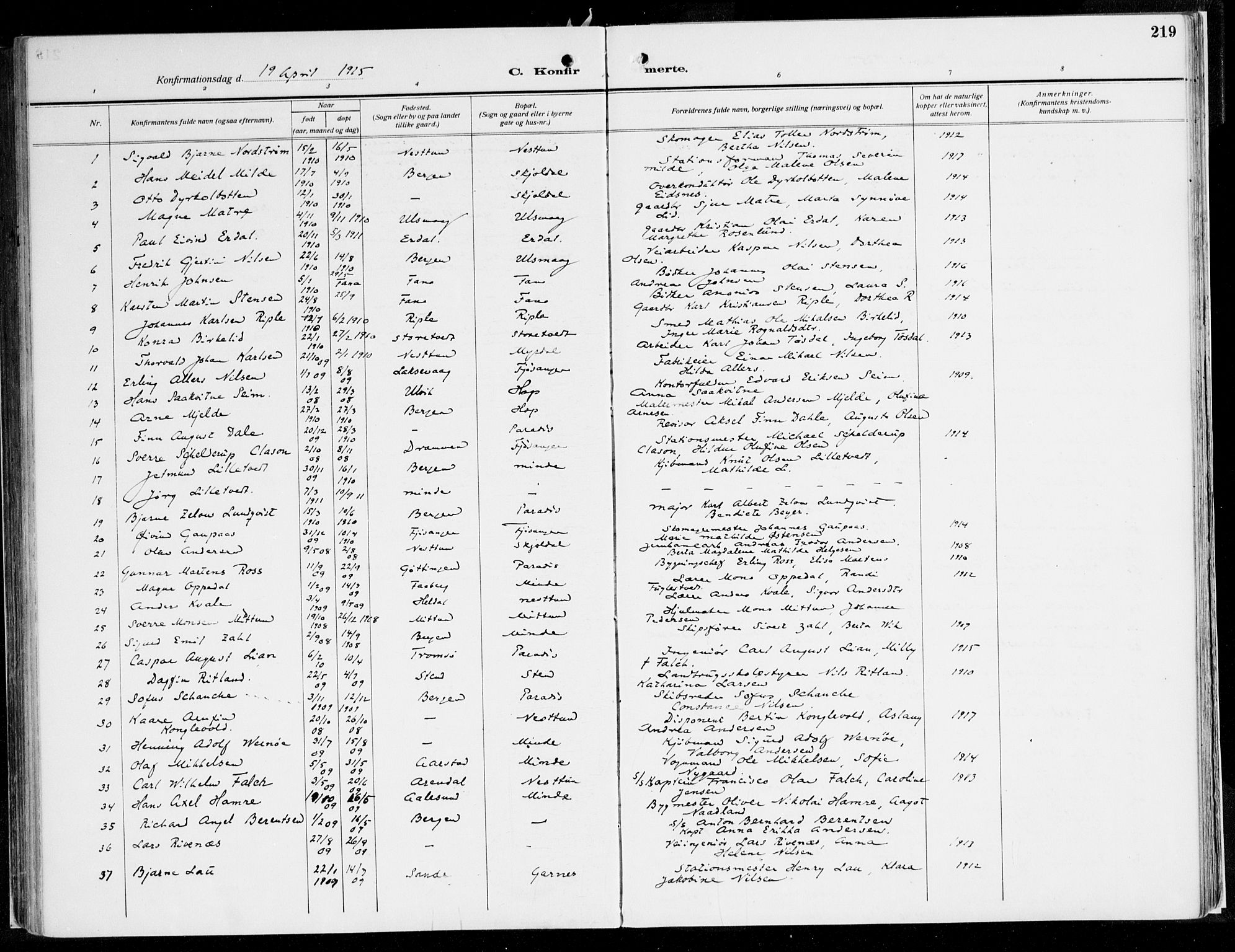 Fana Sokneprestembete, AV/SAB-A-75101/H/Haa/Haaj/L0001: Parish register (official) no. J 1, 1921-1935, p. 219