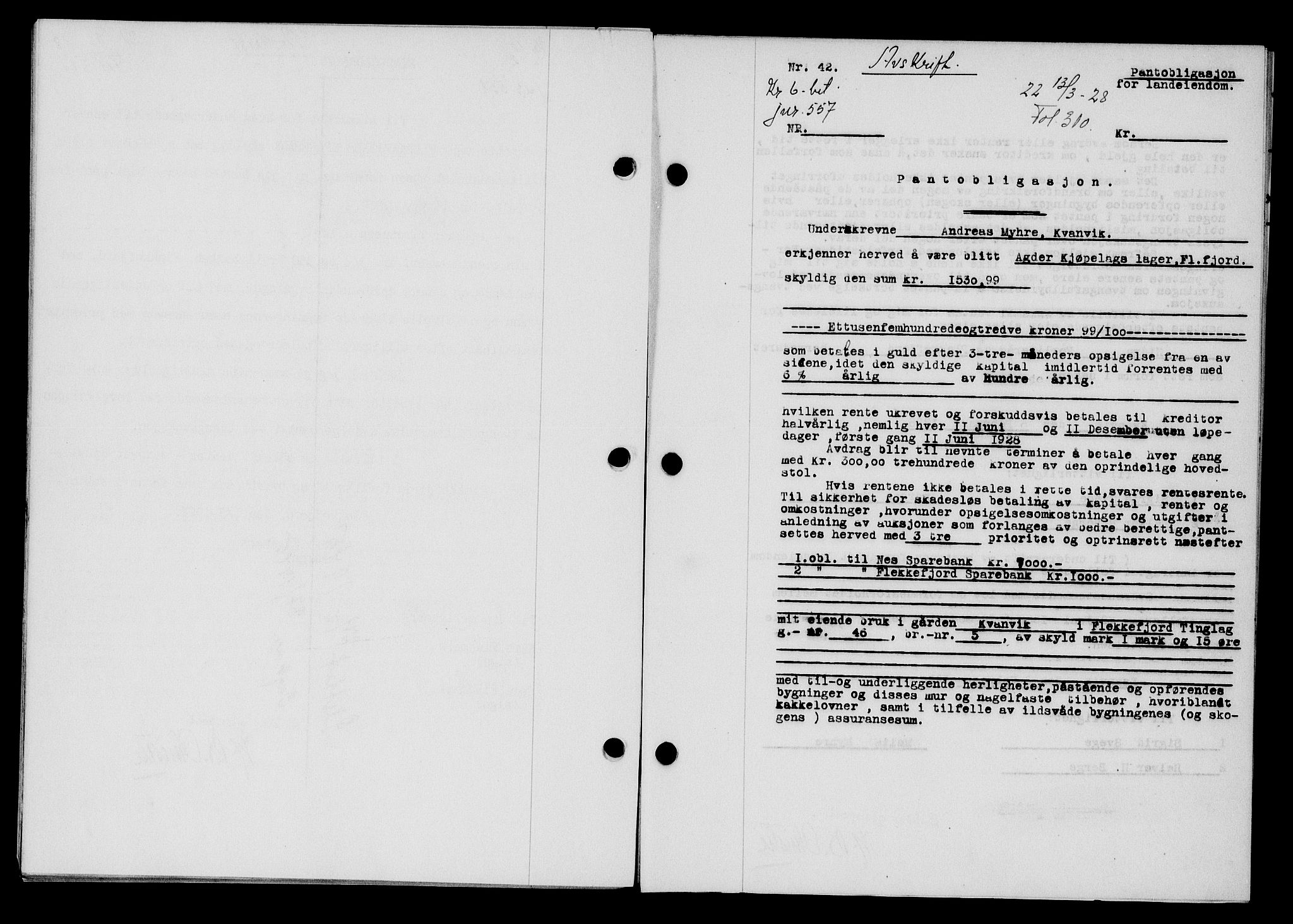 Flekkefjord sorenskriveri, AV/SAK-1221-0001/G/Gb/Gba/L0044: Mortgage book no. 42, 1928-1929, Deed date: 13.03.1928