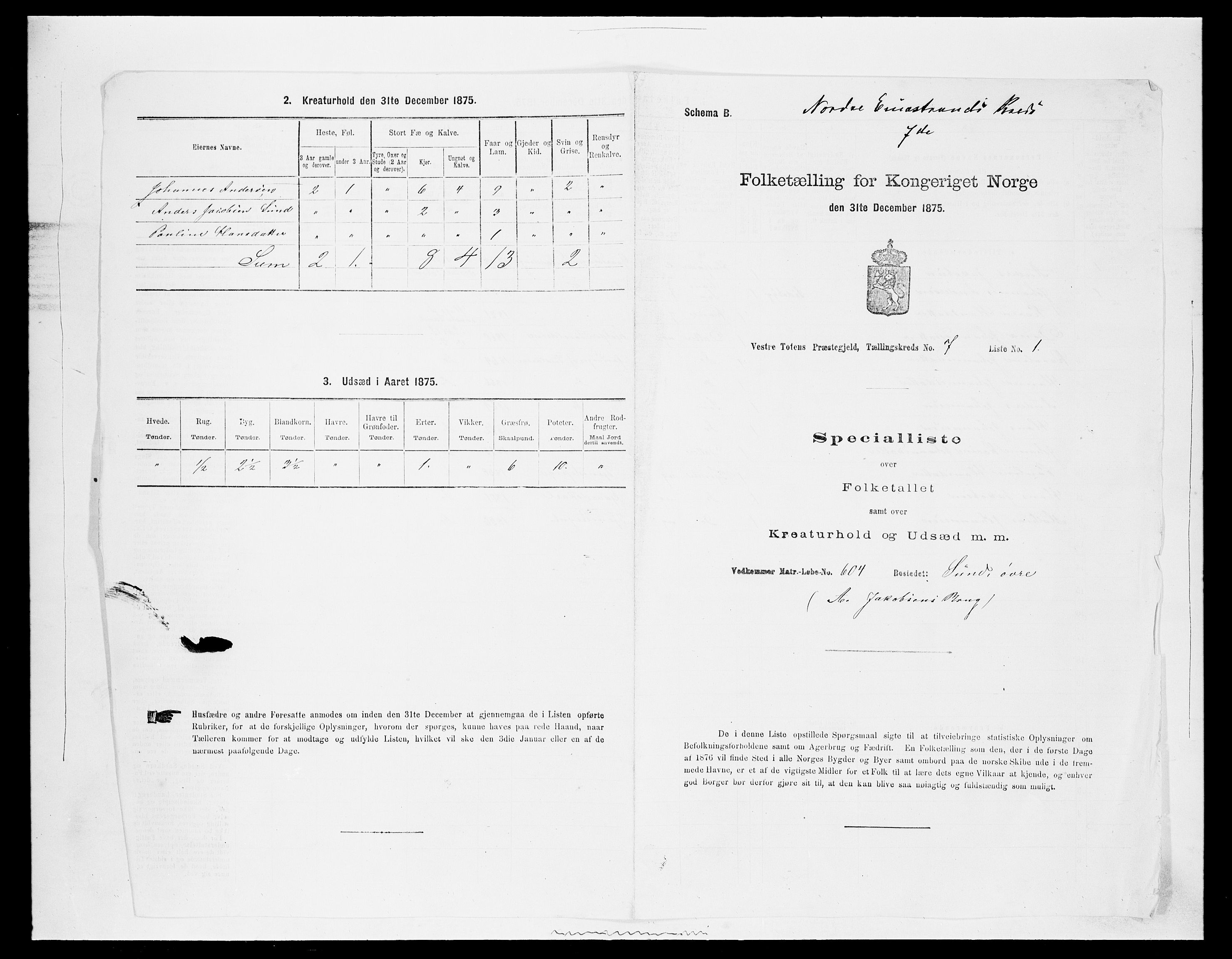 SAH, 1875 census for 0529P Vestre Toten, 1875, p. 1367