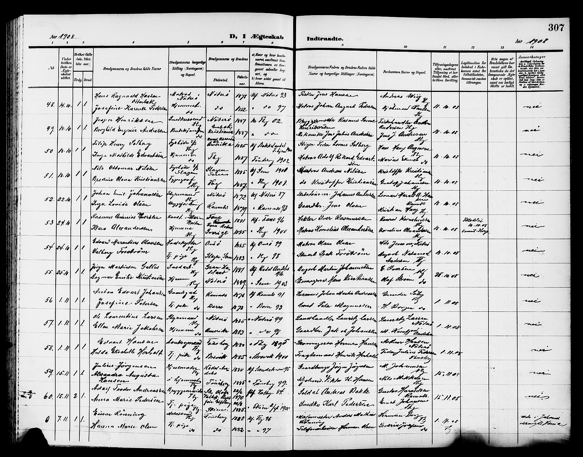 Tønsberg kirkebøker, AV/SAKO-A-330/G/Ga/L0008: Parish register (copy) no. 8, 1905-1912, p. 307
