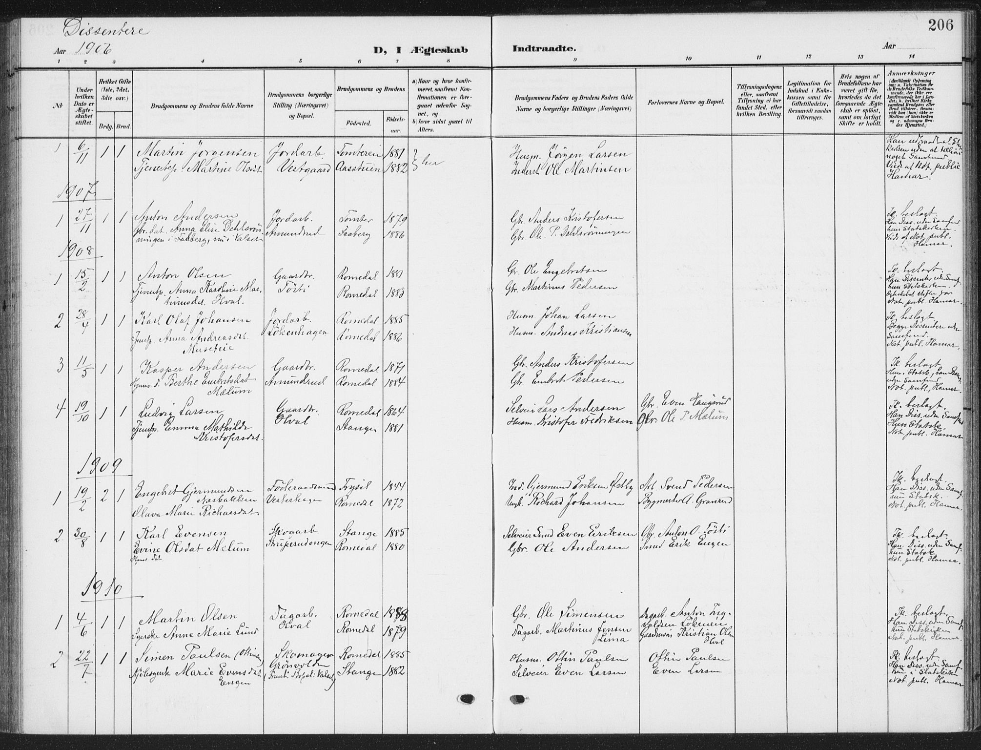 Romedal prestekontor, SAH/PREST-004/K/L0009: Parish register (official) no. 9, 1906-1929, p. 206