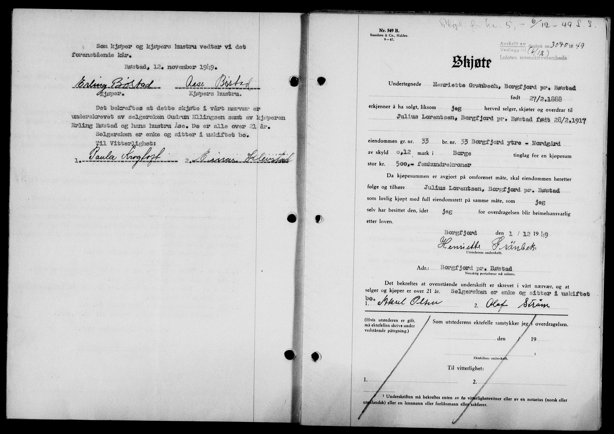 Lofoten sorenskriveri, SAT/A-0017/1/2/2C/L0022a: Mortgage book no. 22a, 1949-1950, Diary no: : 3070/1949
