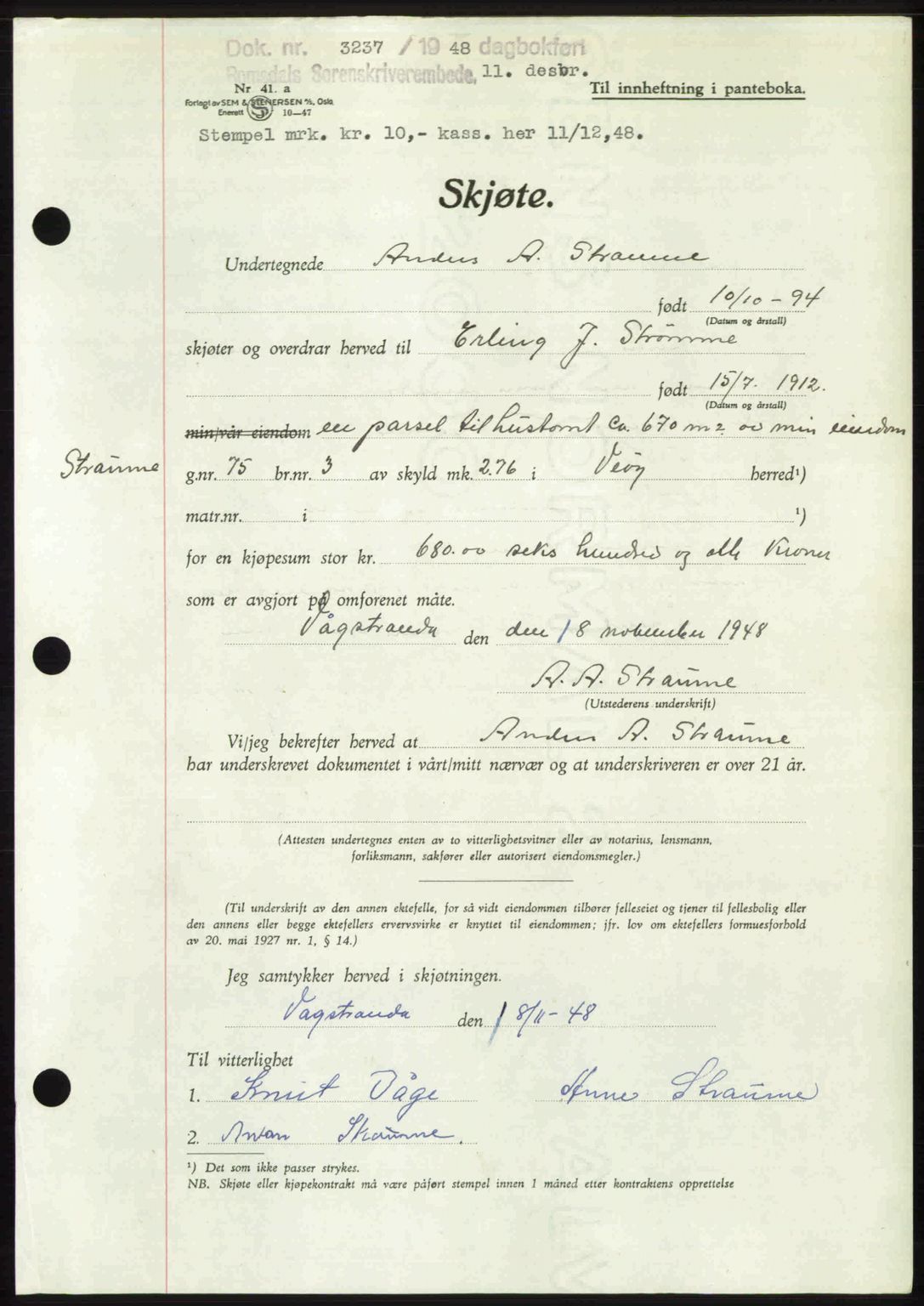 Romsdal sorenskriveri, AV/SAT-A-4149/1/2/2C: Mortgage book no. A28, 1948-1949, Diary no: : 3237/1948