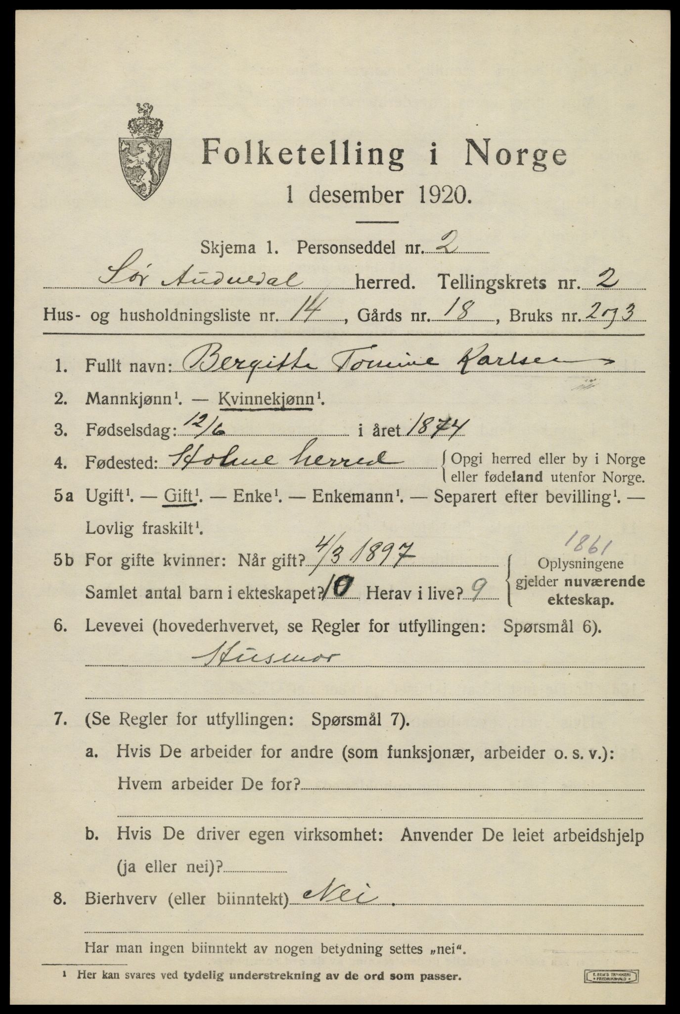 SAK, 1920 census for Sør-Audnedal, 1920, p. 1683