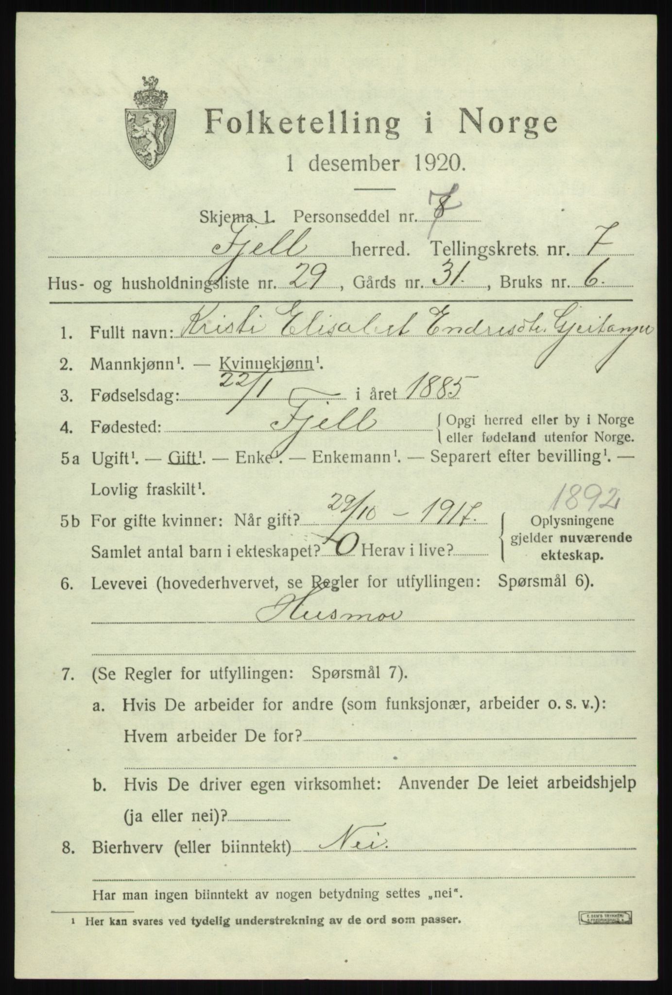 SAB, 1920 census for Fjell, 1920, p. 6786