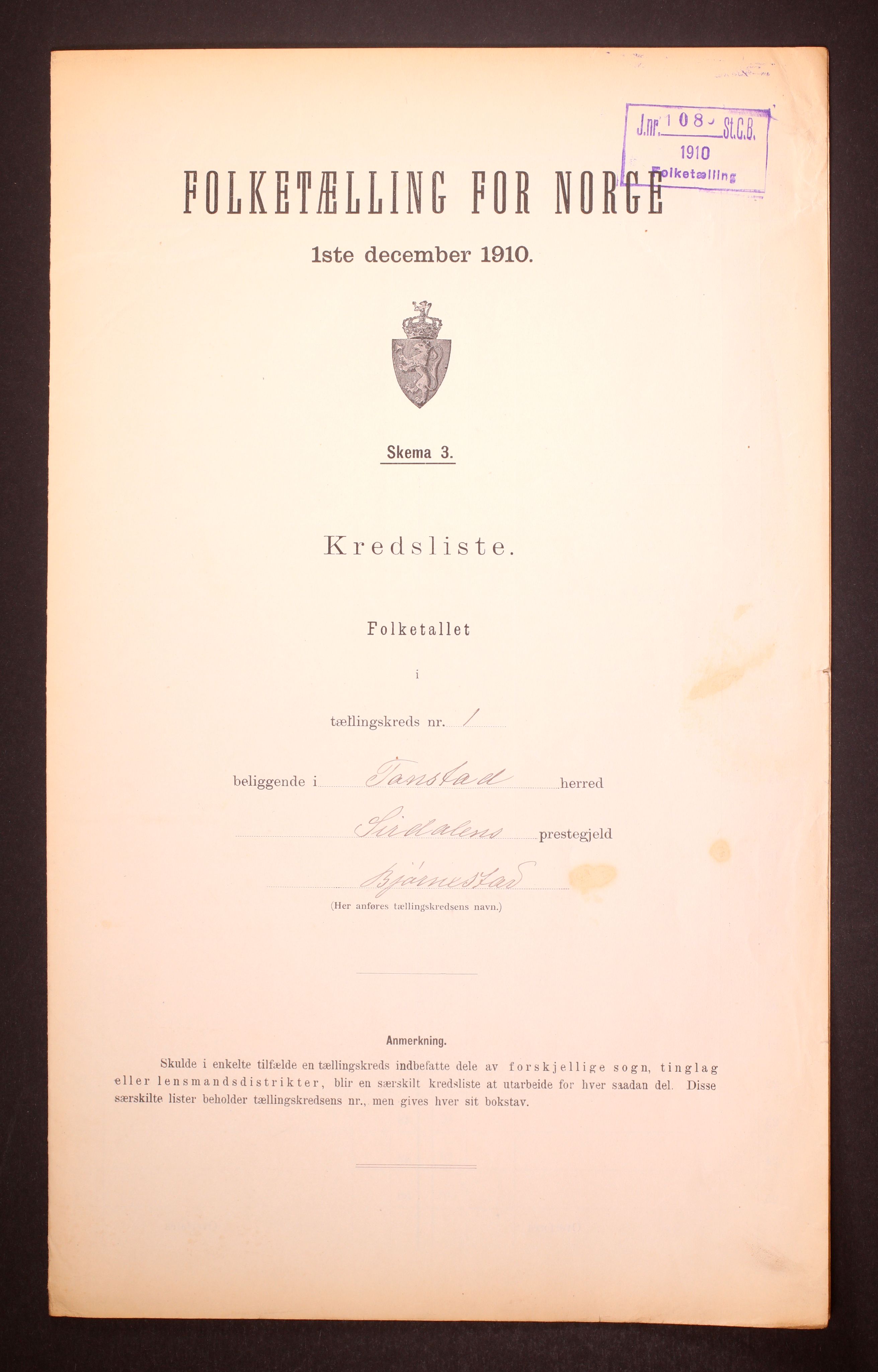 RA, 1910 census for Tonstad, 1910, p. 4