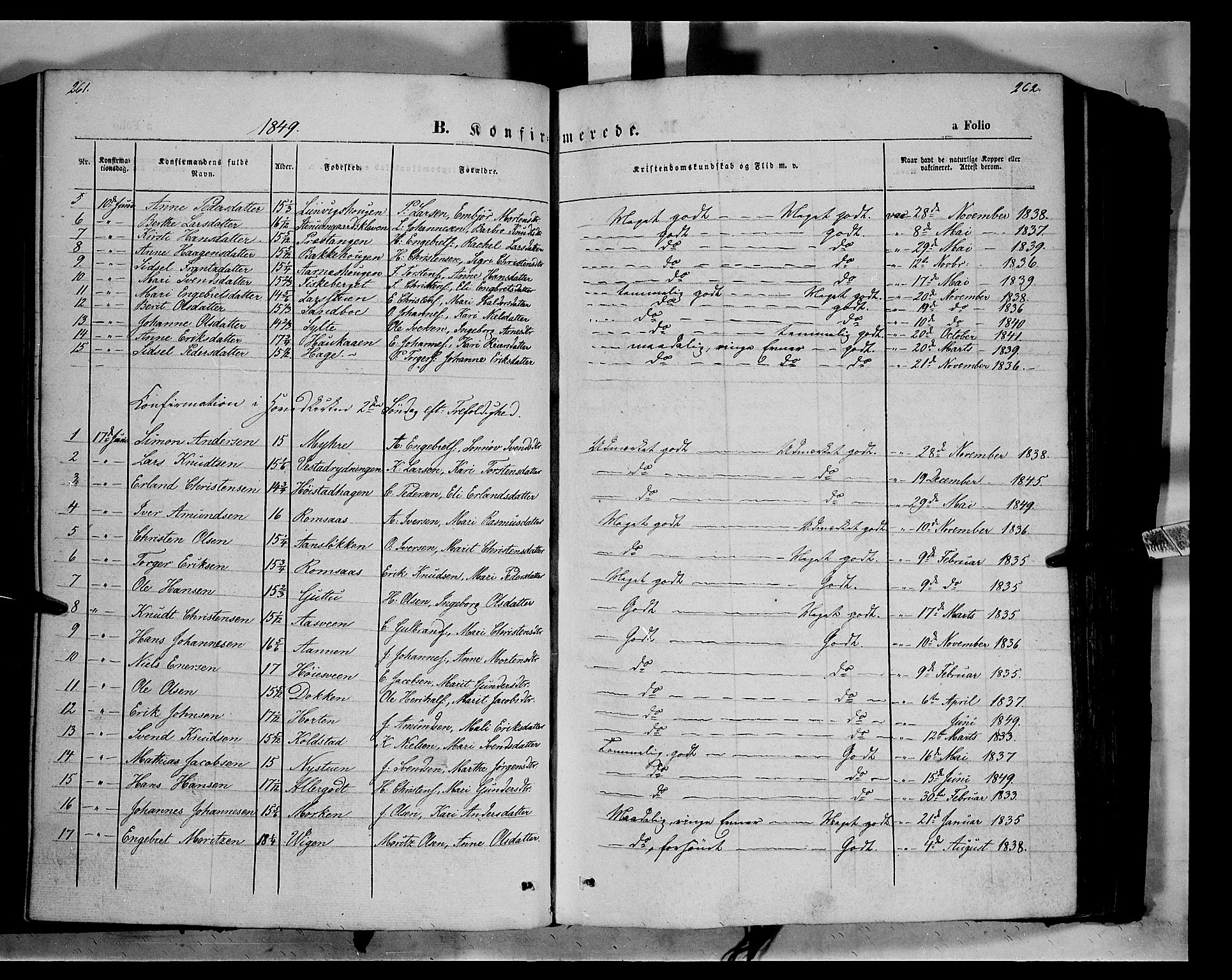 Ringebu prestekontor, SAH/PREST-082/H/Ha/Haa/L0006: Parish register (official) no. 6, 1848-1859, p. 261-262