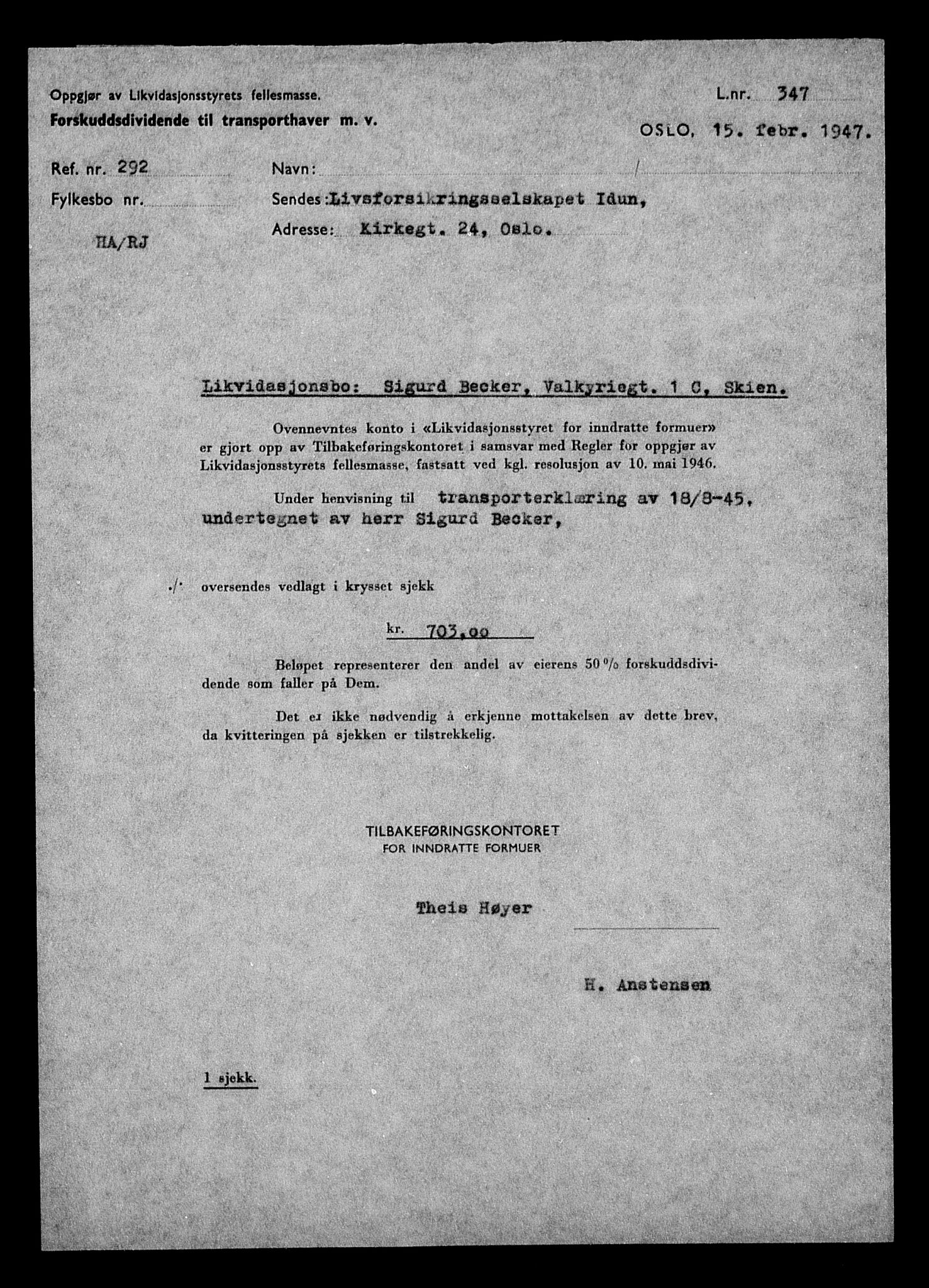 Justisdepartementet, Tilbakeføringskontoret for inndratte formuer, AV/RA-S-1564/H/Hc/Hcd/L0991: --, 1945-1947, p. 8
