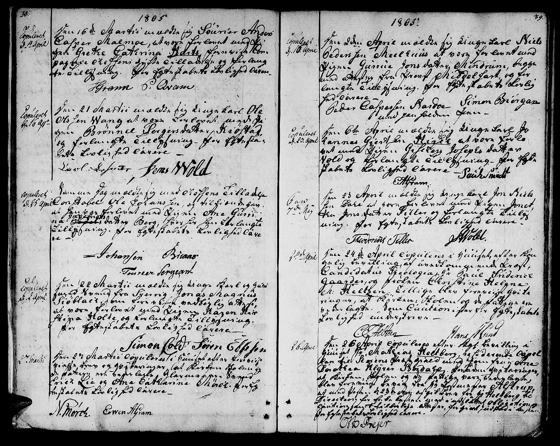 Ministerialprotokoller, klokkerbøker og fødselsregistre - Sør-Trøndelag, SAT/A-1456/601/L0042: Parish register (official) no. 601A10, 1802-1830, p. 38-39