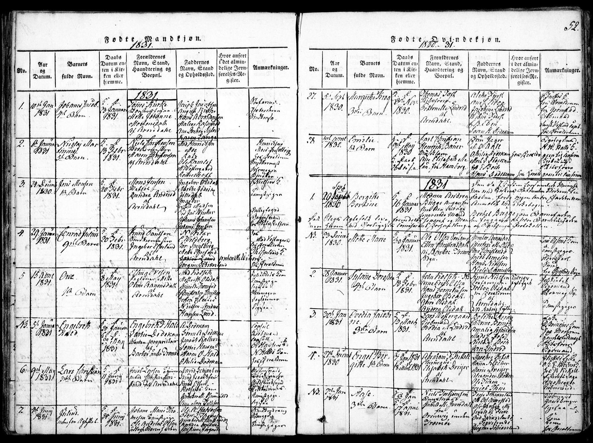 Arendal sokneprestkontor, Trefoldighet, SAK/1111-0040/F/Fa/L0004: Parish register (official) no. A 4, 1816-1839, p. 52