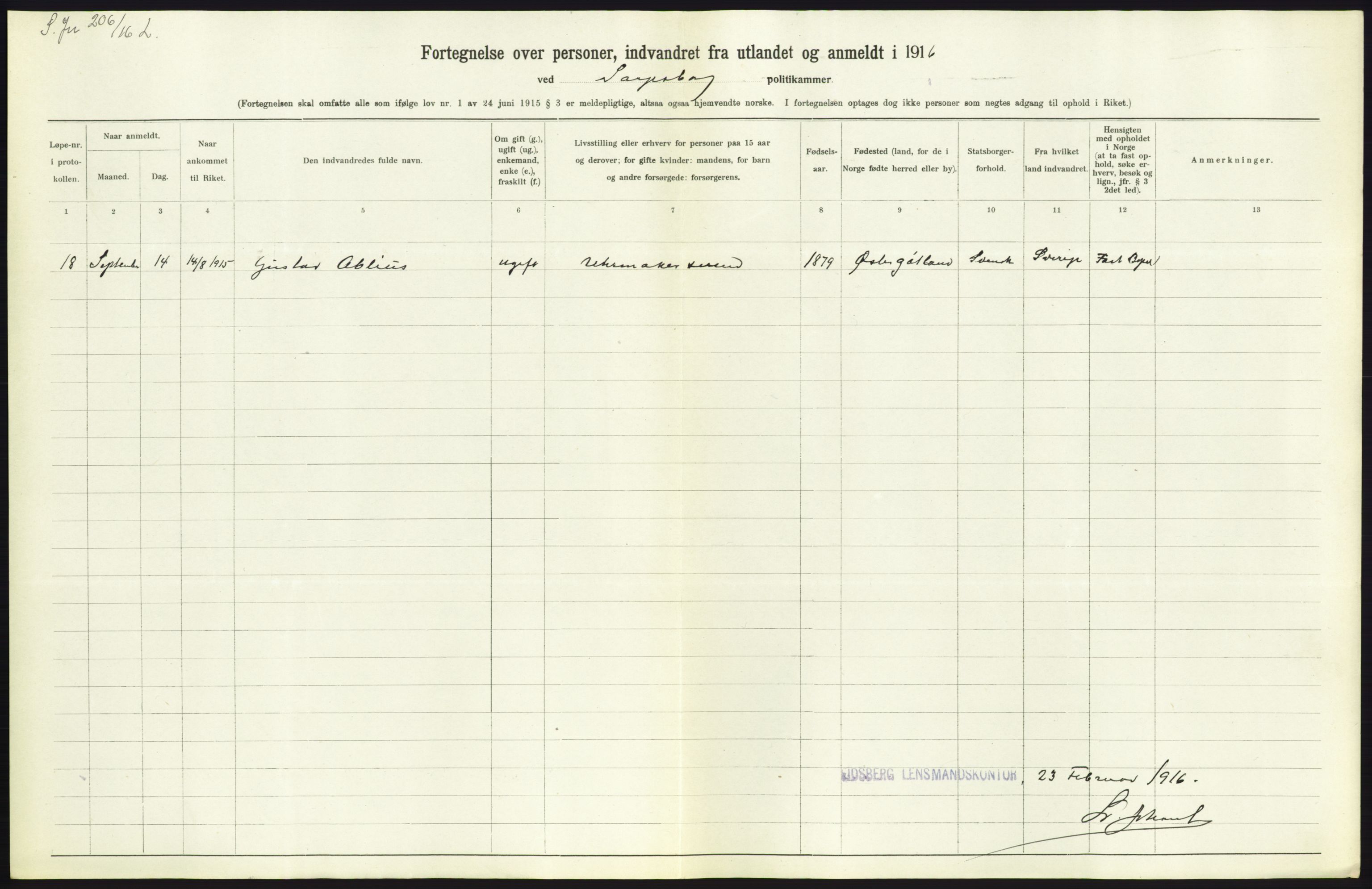 Statistisk sentralbyrå, Sosioøkonomiske emner, Folketellinger, boliger og boforhold, AV/RA-S-2231/F/Fa/L0001: Innvandring. Navn/fylkesvis, 1915, p. 219