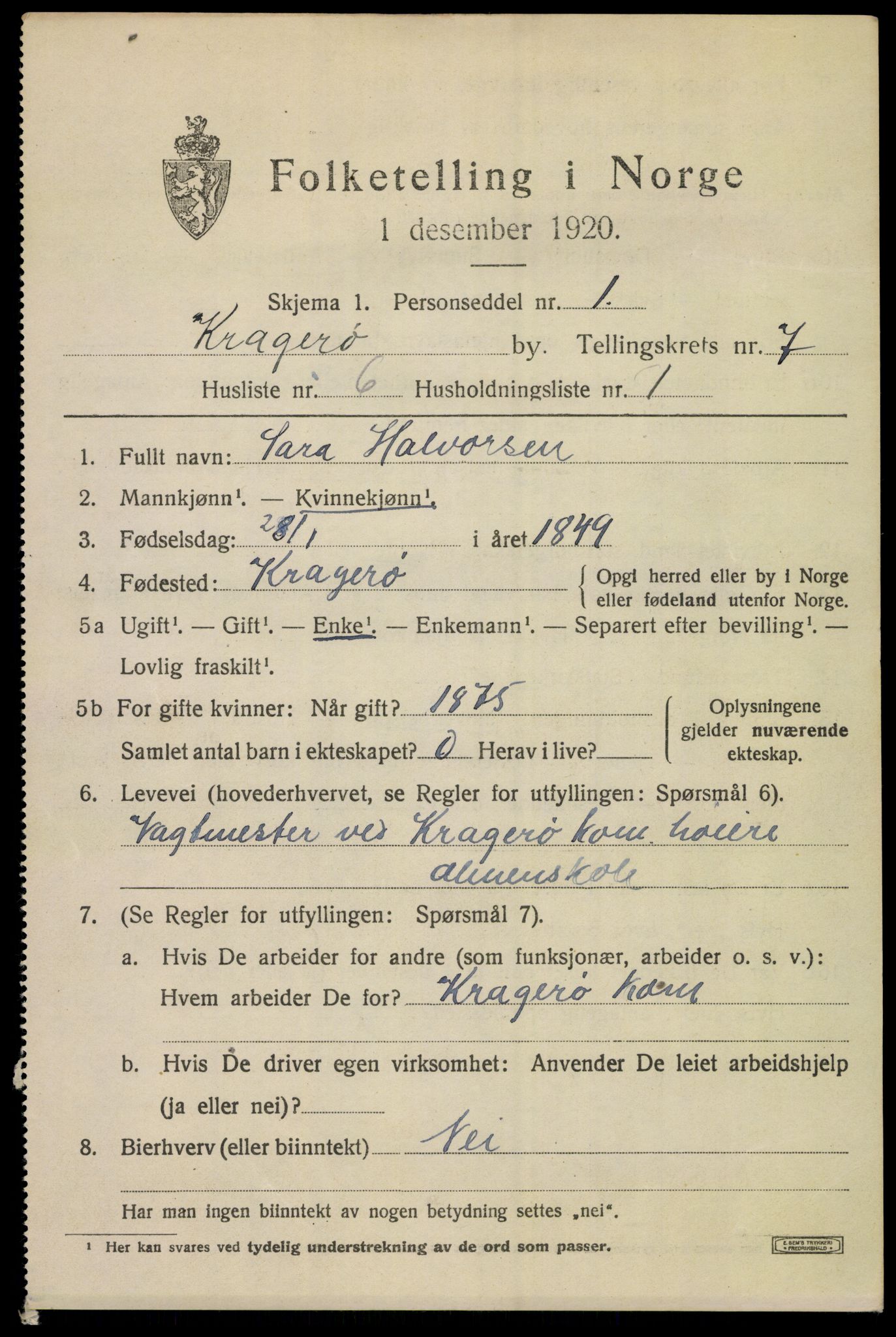 SAKO, 1920 census for Kragerø, 1920, p. 9751