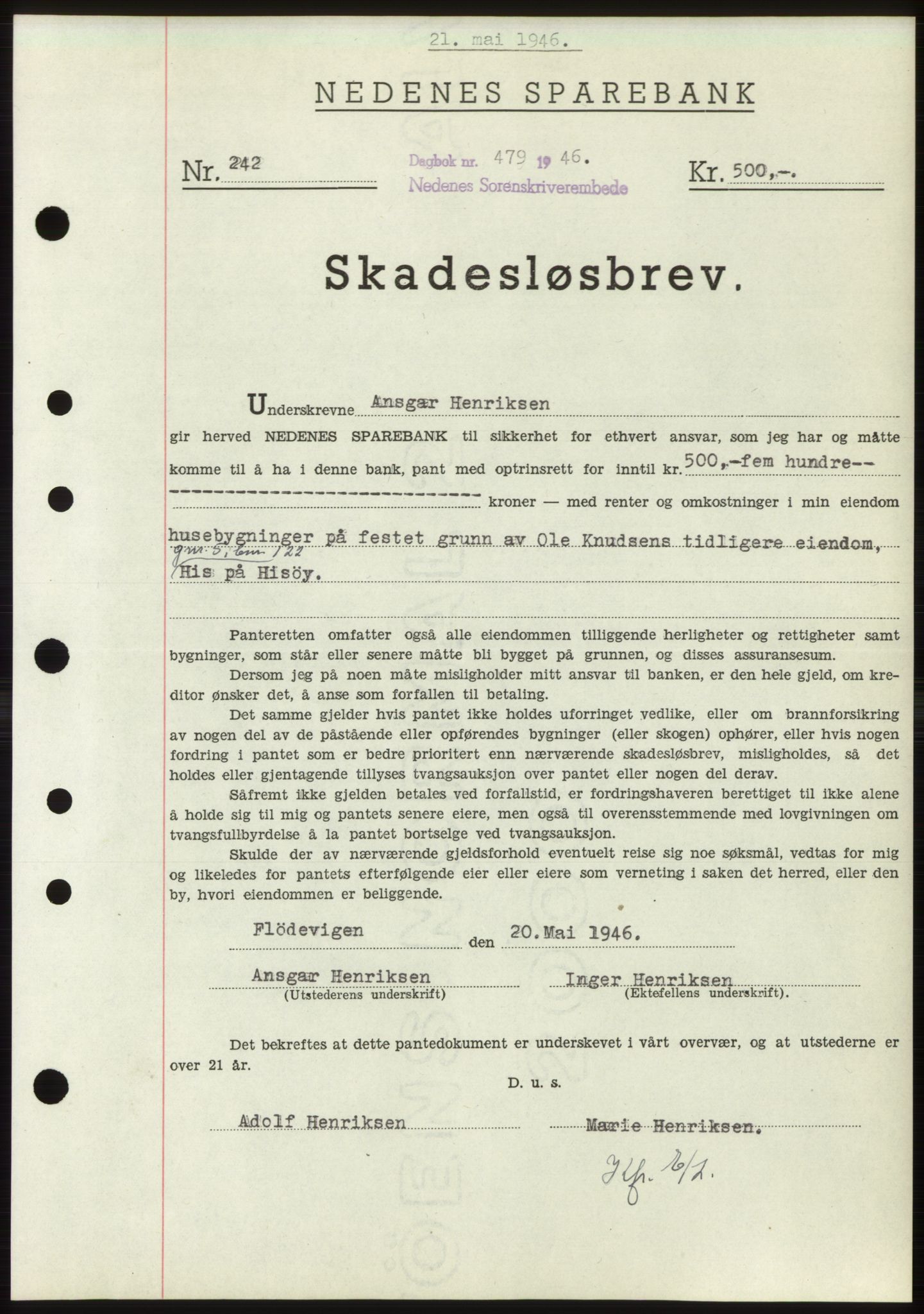 Nedenes sorenskriveri, SAK/1221-0006/G/Gb/Gbb/L0003: Mortgage book no. B3b, 1946-1946, Diary no: : 479/1946