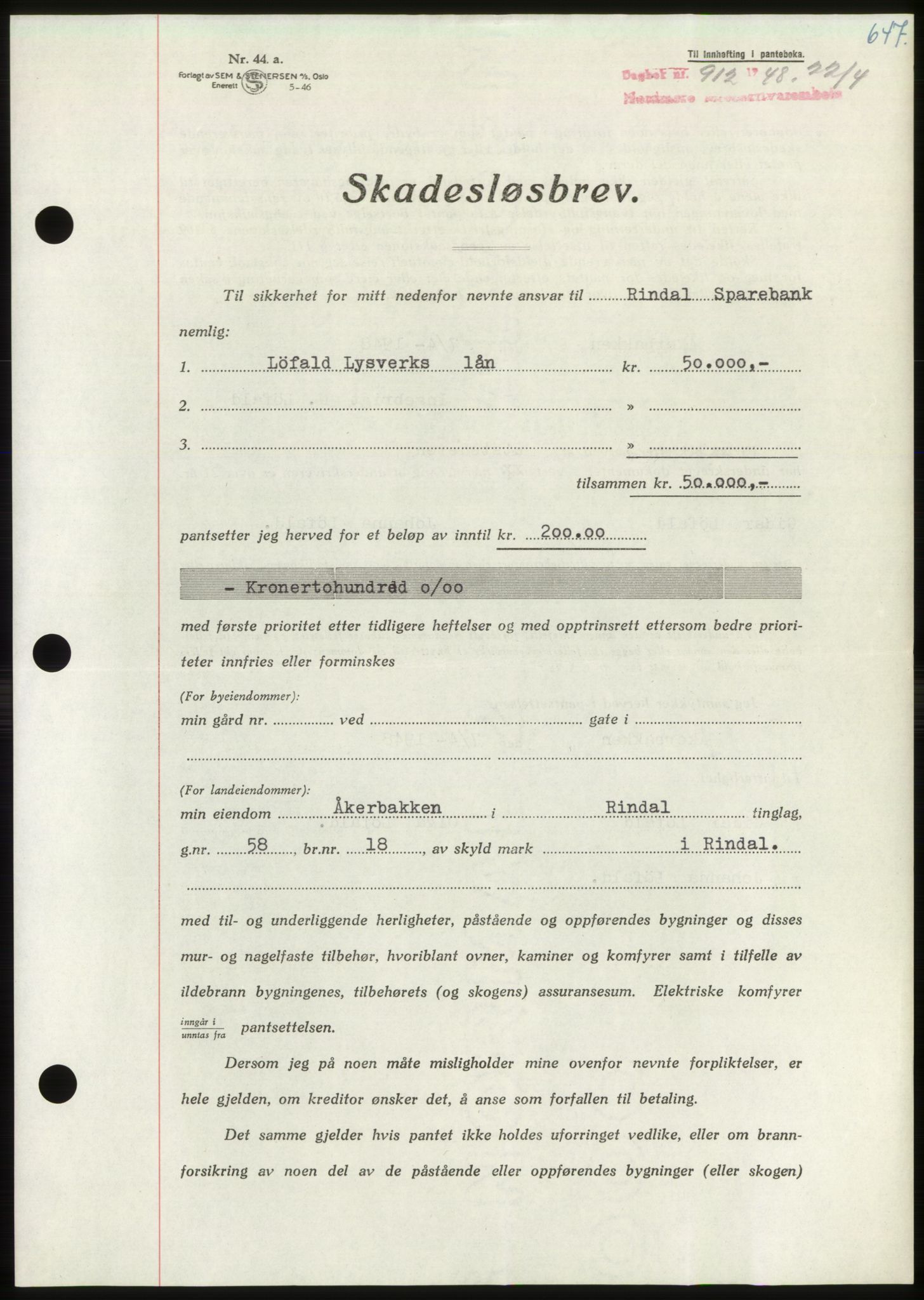 Nordmøre sorenskriveri, AV/SAT-A-4132/1/2/2Ca: Mortgage book no. B98, 1948-1948, Diary no: : 912/1948