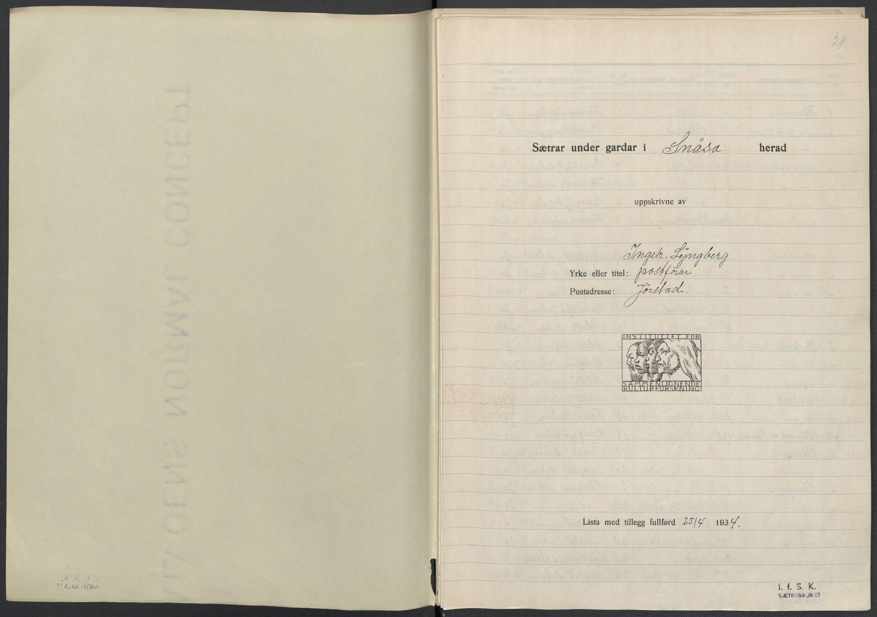 Instituttet for sammenlignende kulturforskning, AV/RA-PA-0424/F/Fc/L0015/0003: Eske B15: / Nord-Trøndelag (perm XLIV-XLV), 1933-1939, p. 21