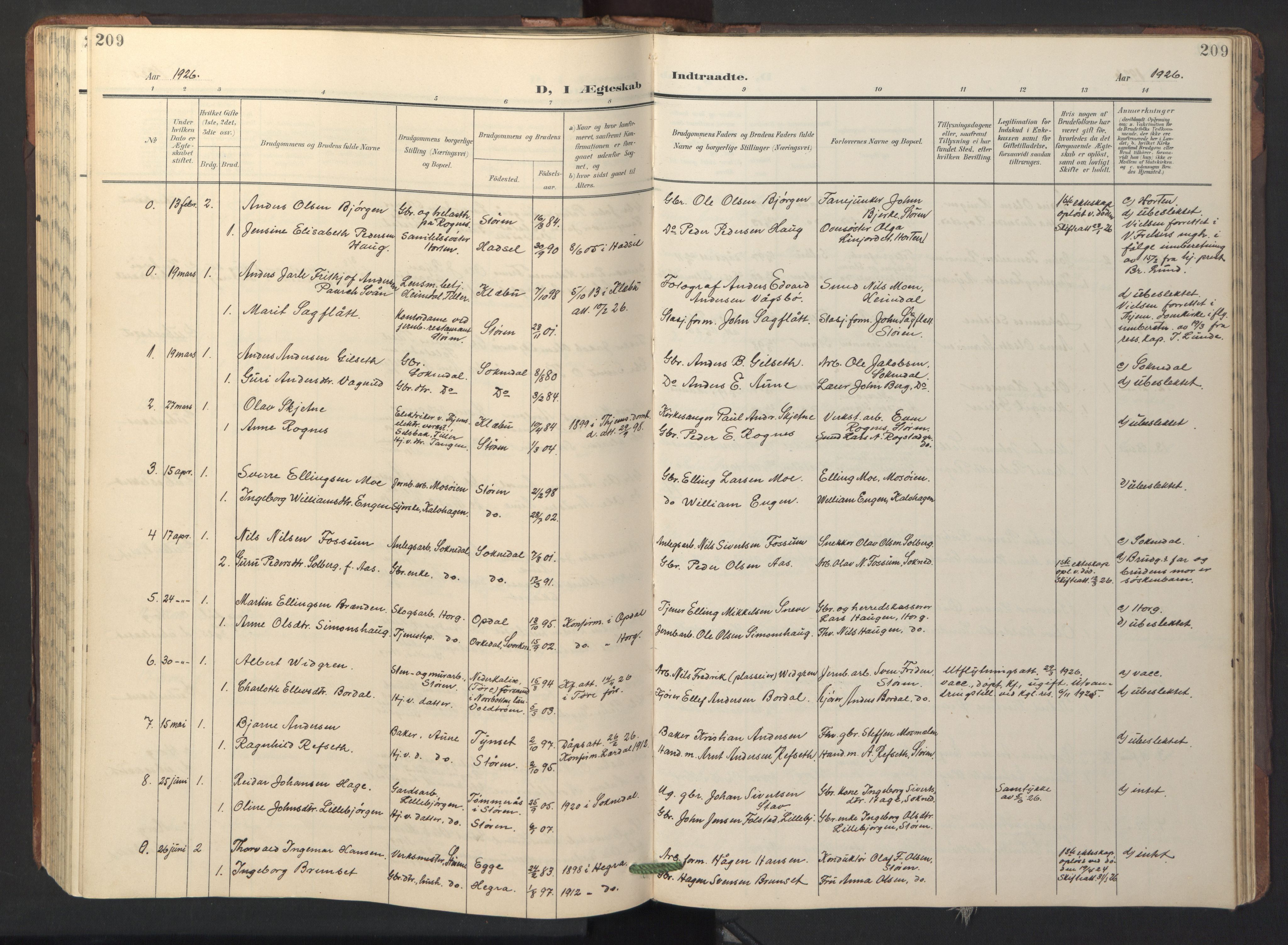 Ministerialprotokoller, klokkerbøker og fødselsregistre - Sør-Trøndelag, SAT/A-1456/687/L1019: Parish register (copy) no. 687C03, 1904-1931, p. 209