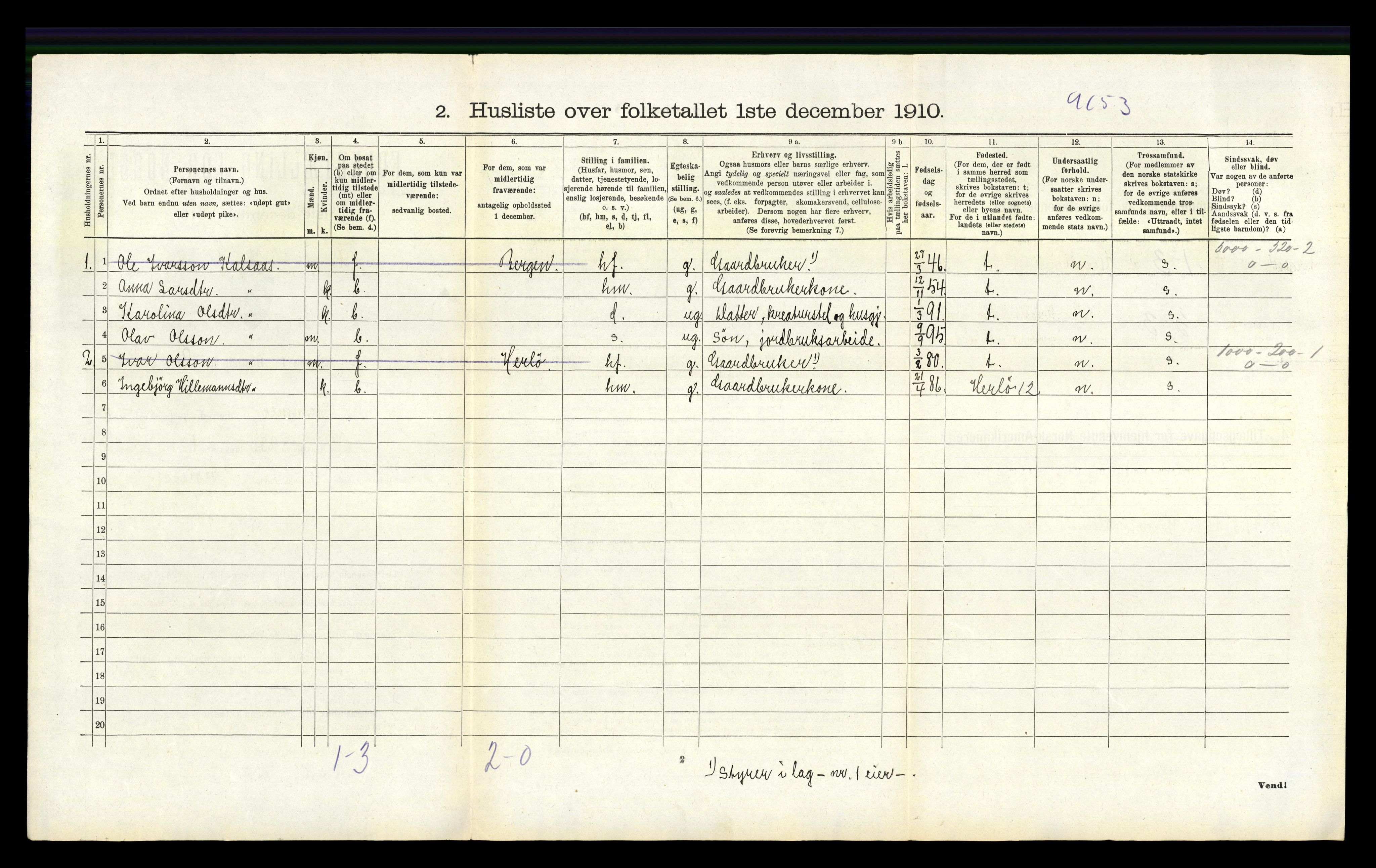 RA, 1910 census for Hamre, 1910, p. 319