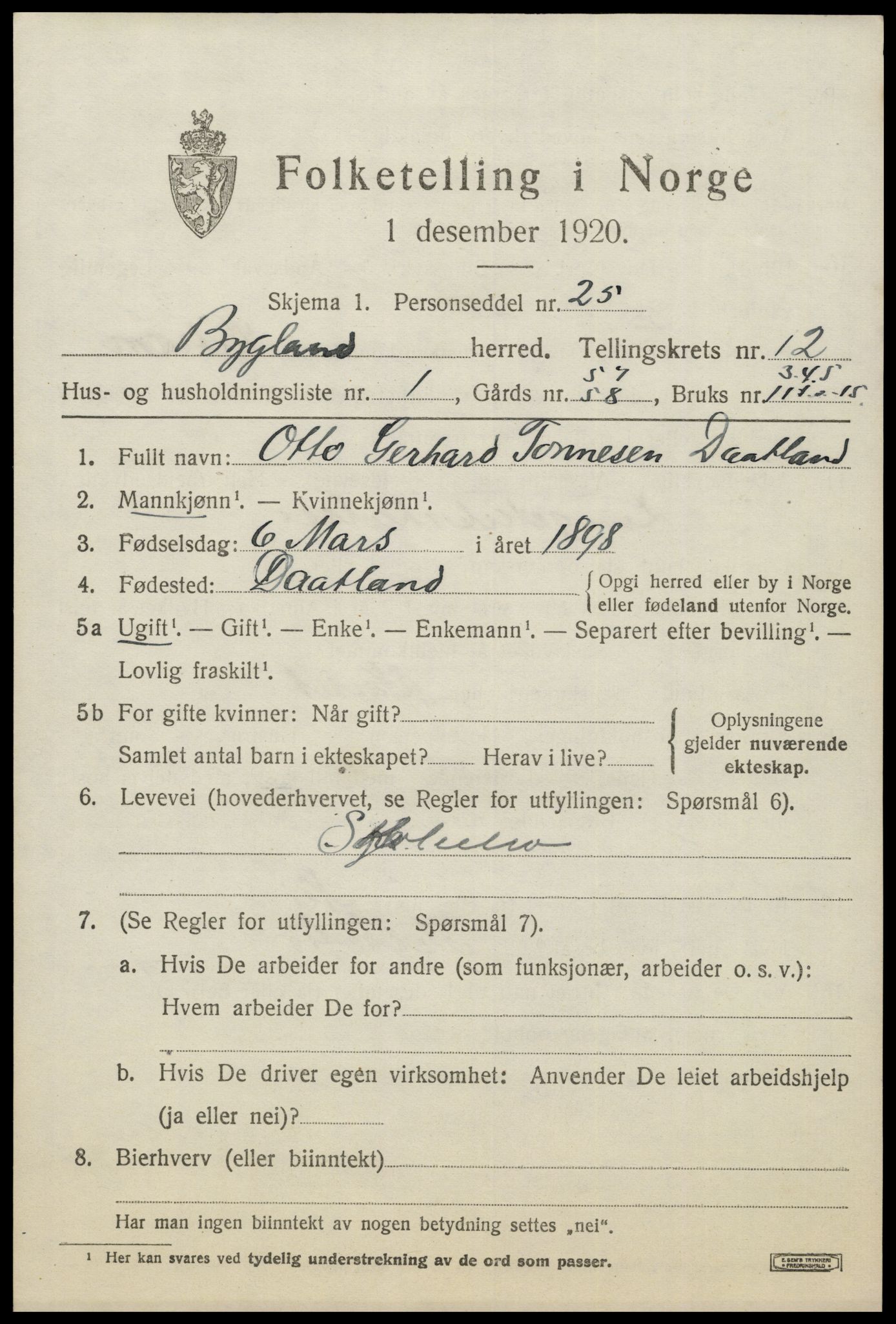 SAK, 1920 census for Bygland, 1920, p. 4509