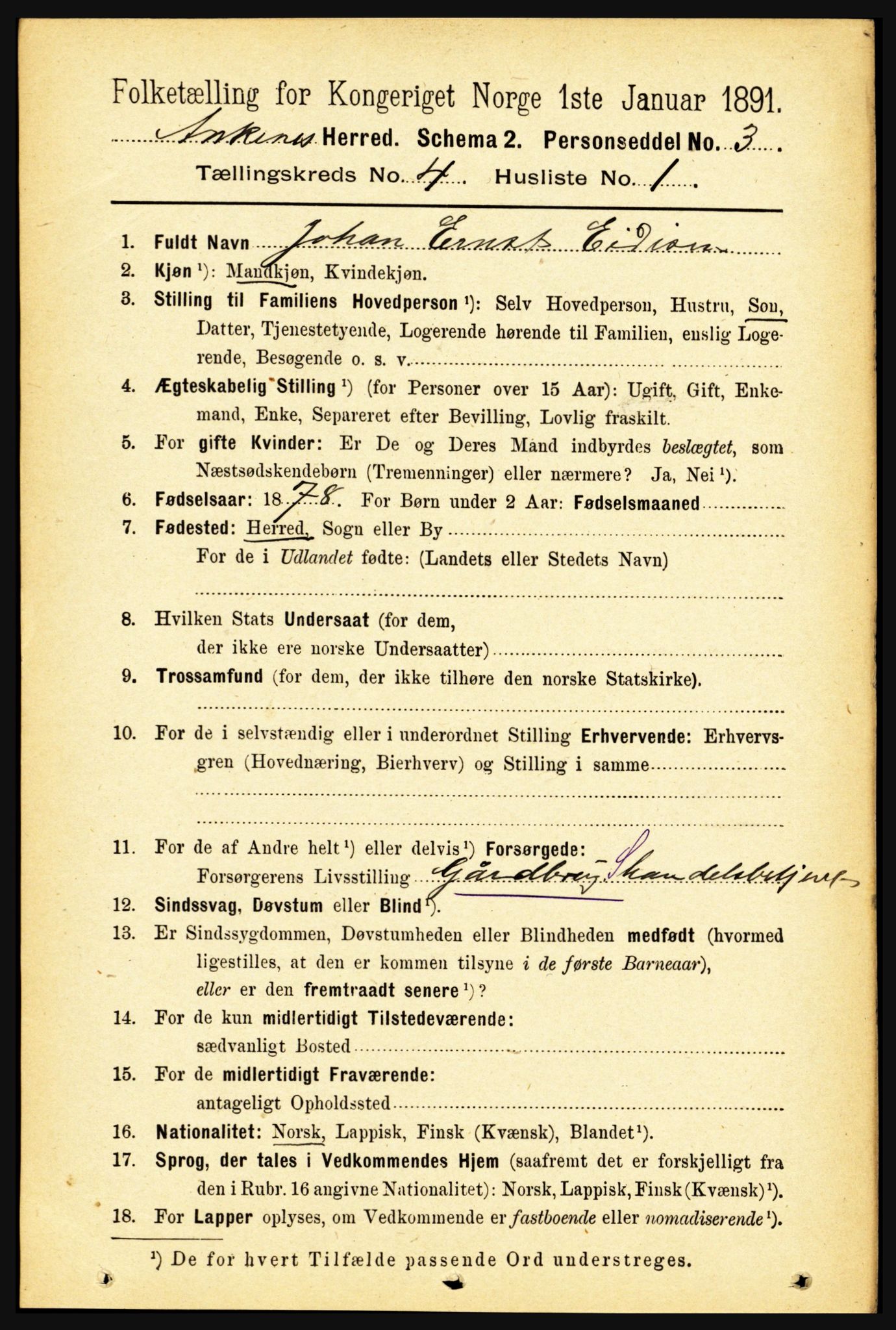 RA, 1891 census for 1855 Ankenes, 1891, p. 2312